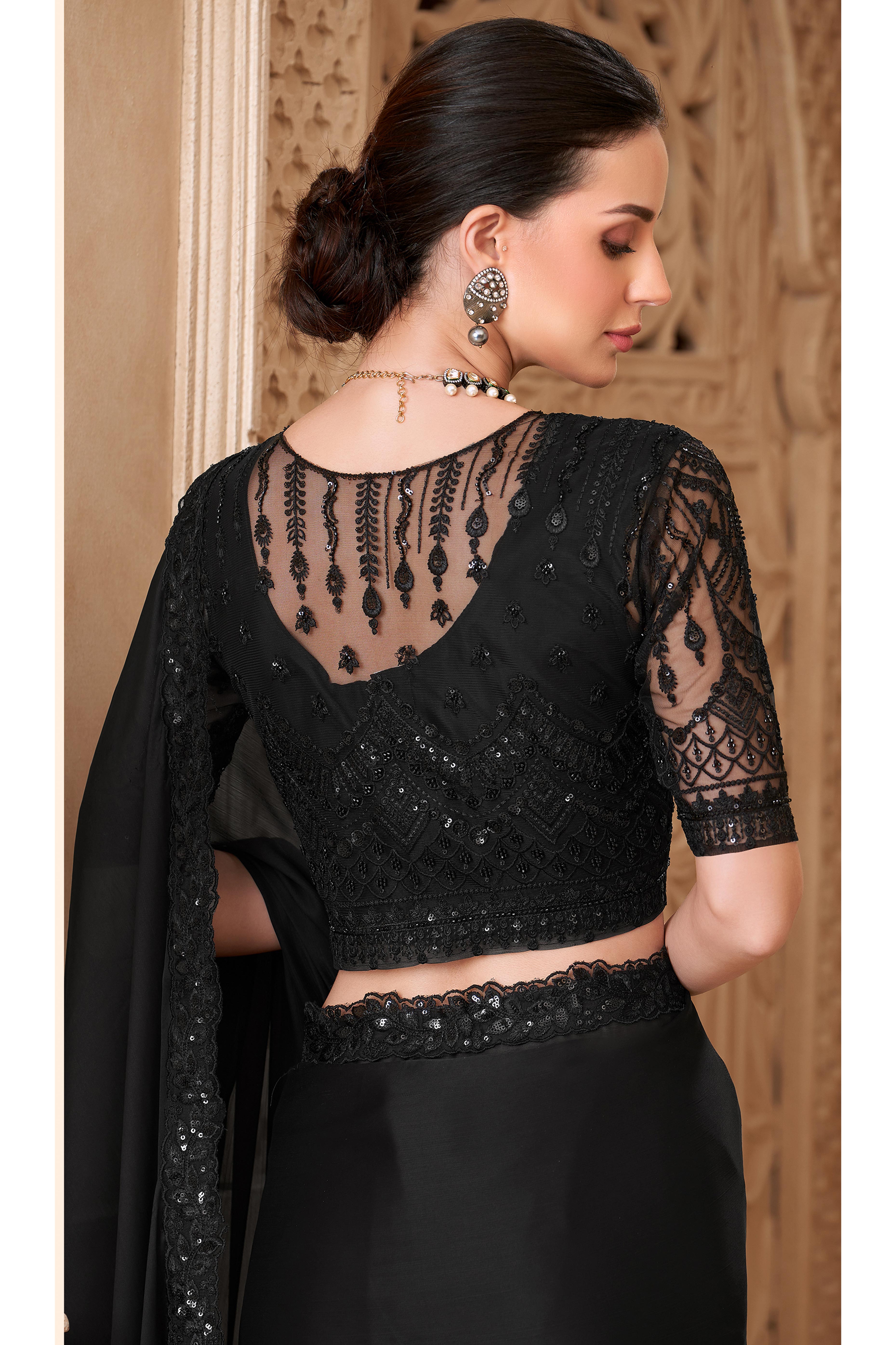 Shimmering Black Georgette Saree with Graceful Thread Embellishment and Sequins
