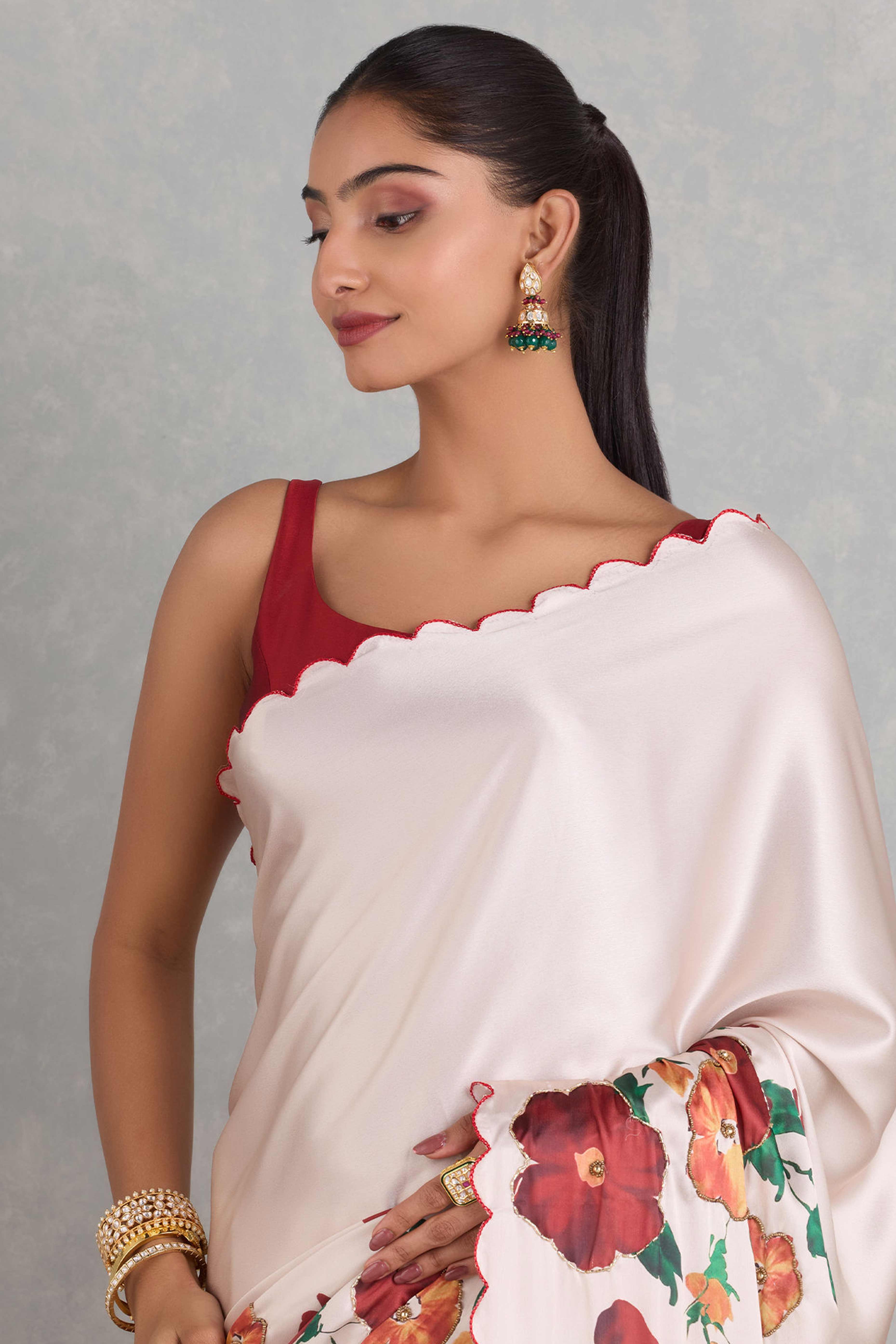 Off White Saree with Floral Prints on Soft Japan Satin