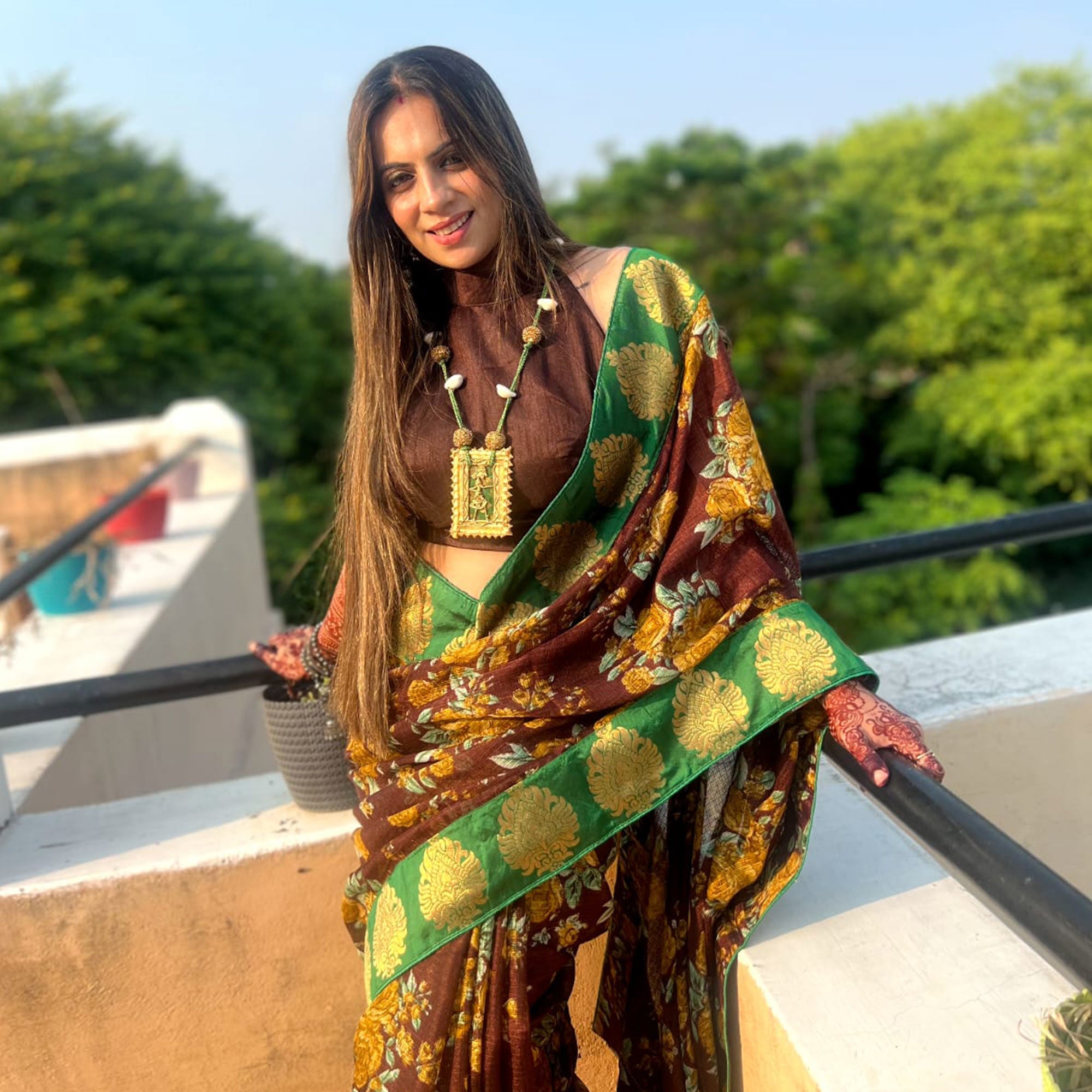 Brown Floral Printed Manipuri Silk Saree