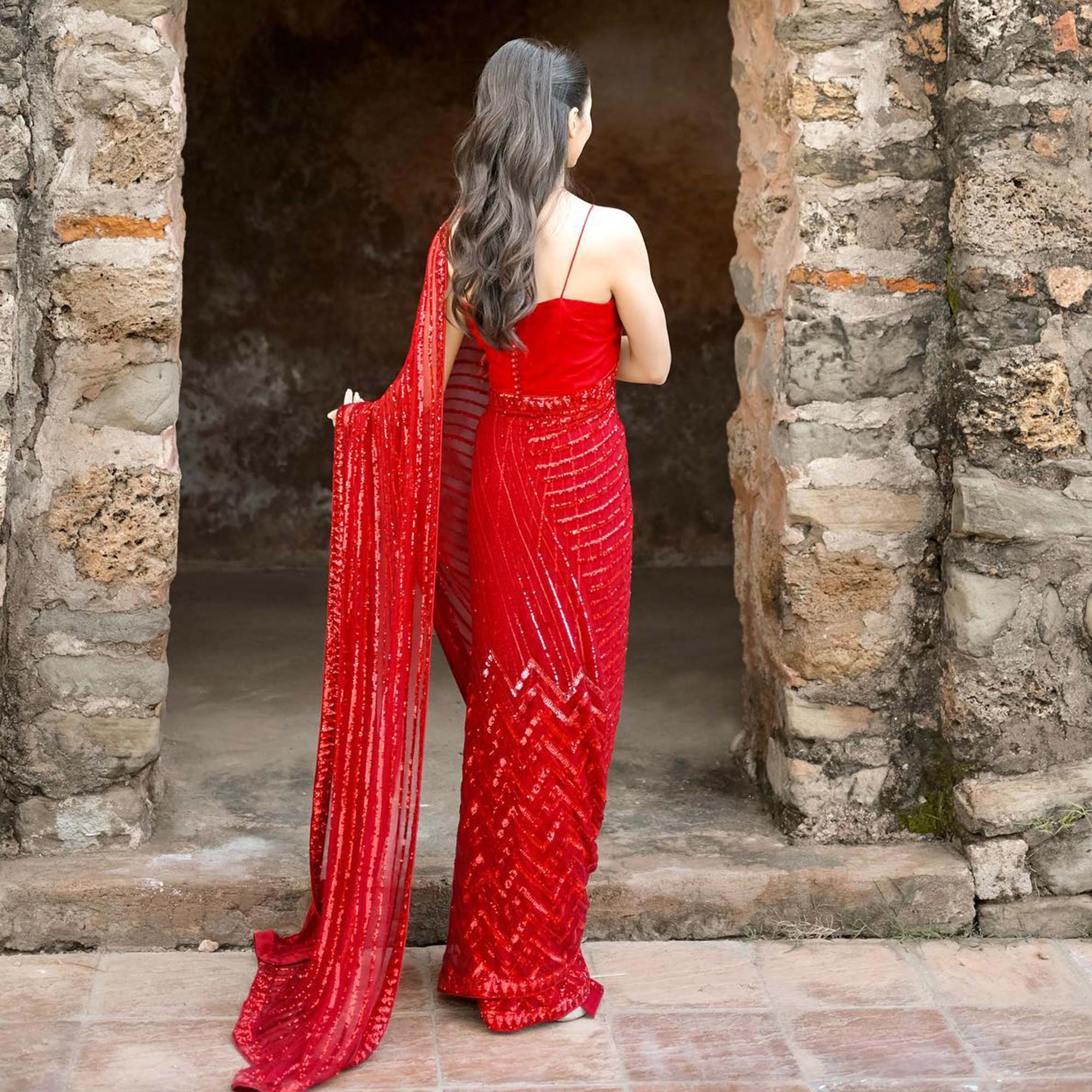 Red Sequins Embroidered Georgette Saree