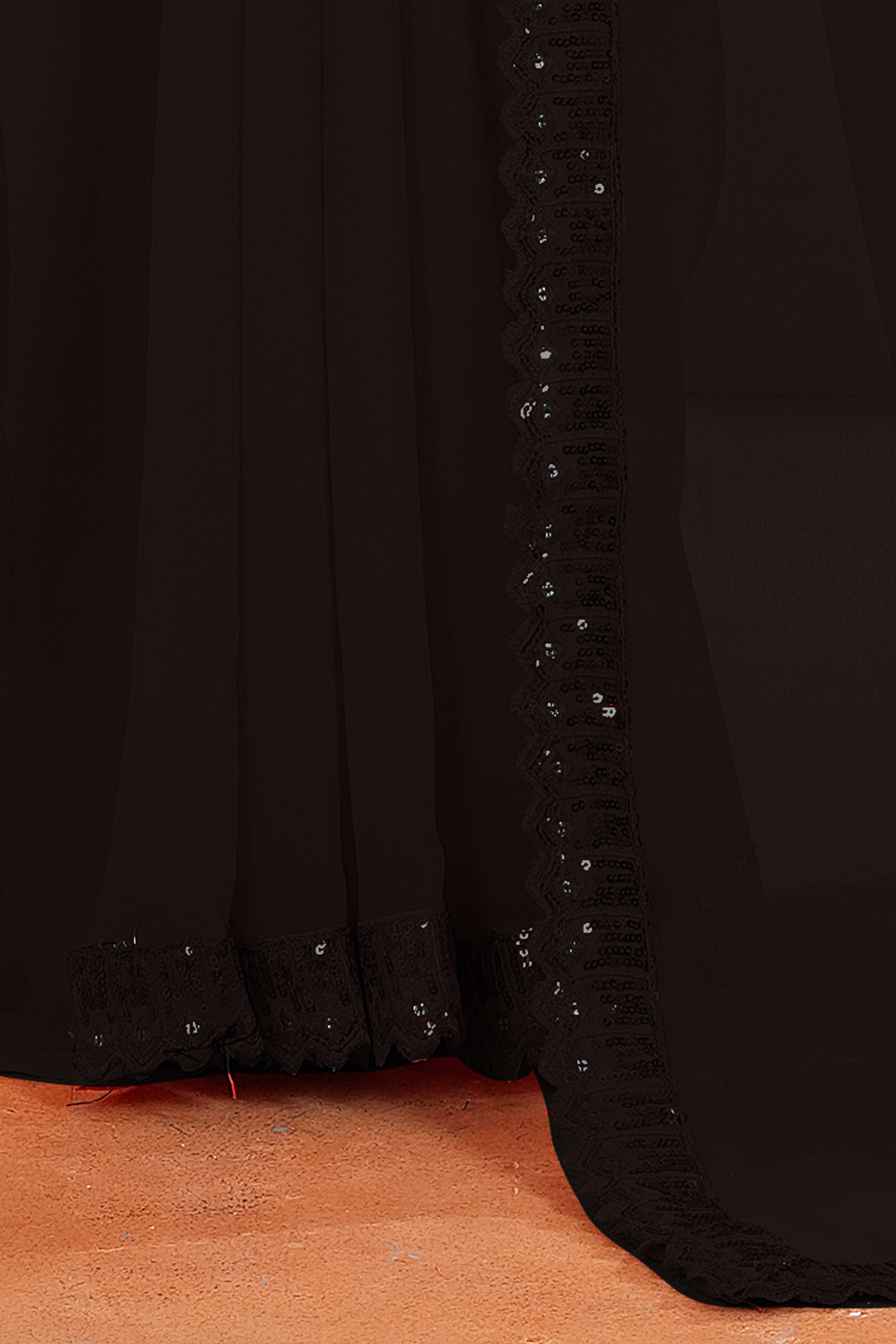 Black Georgette Saree with Subtle Solid Pattern and Sequins Border