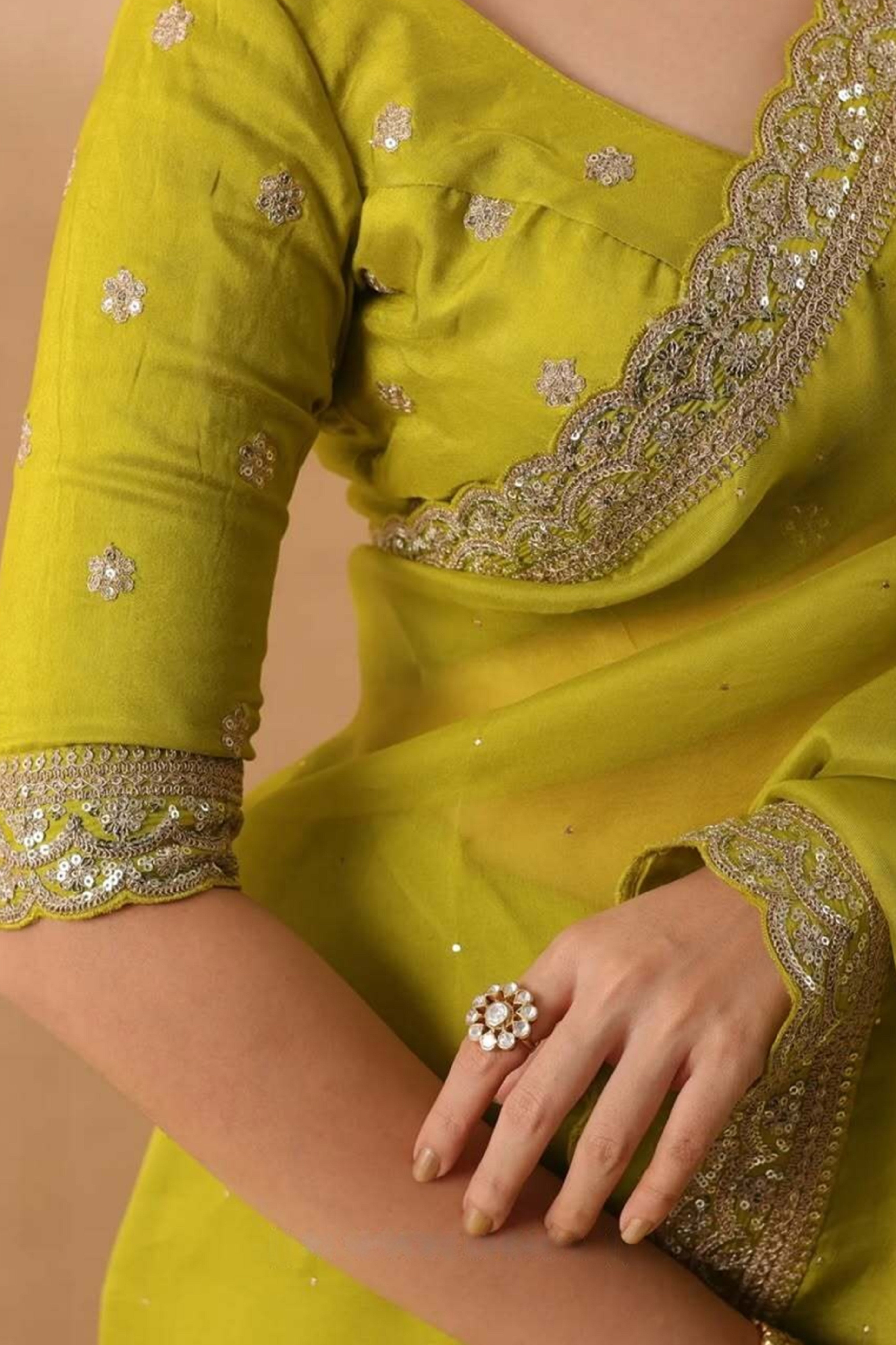 Lime Green Soft Tissue Saree Adorned with Alluring Sequin Detailing for a Luxurious Look