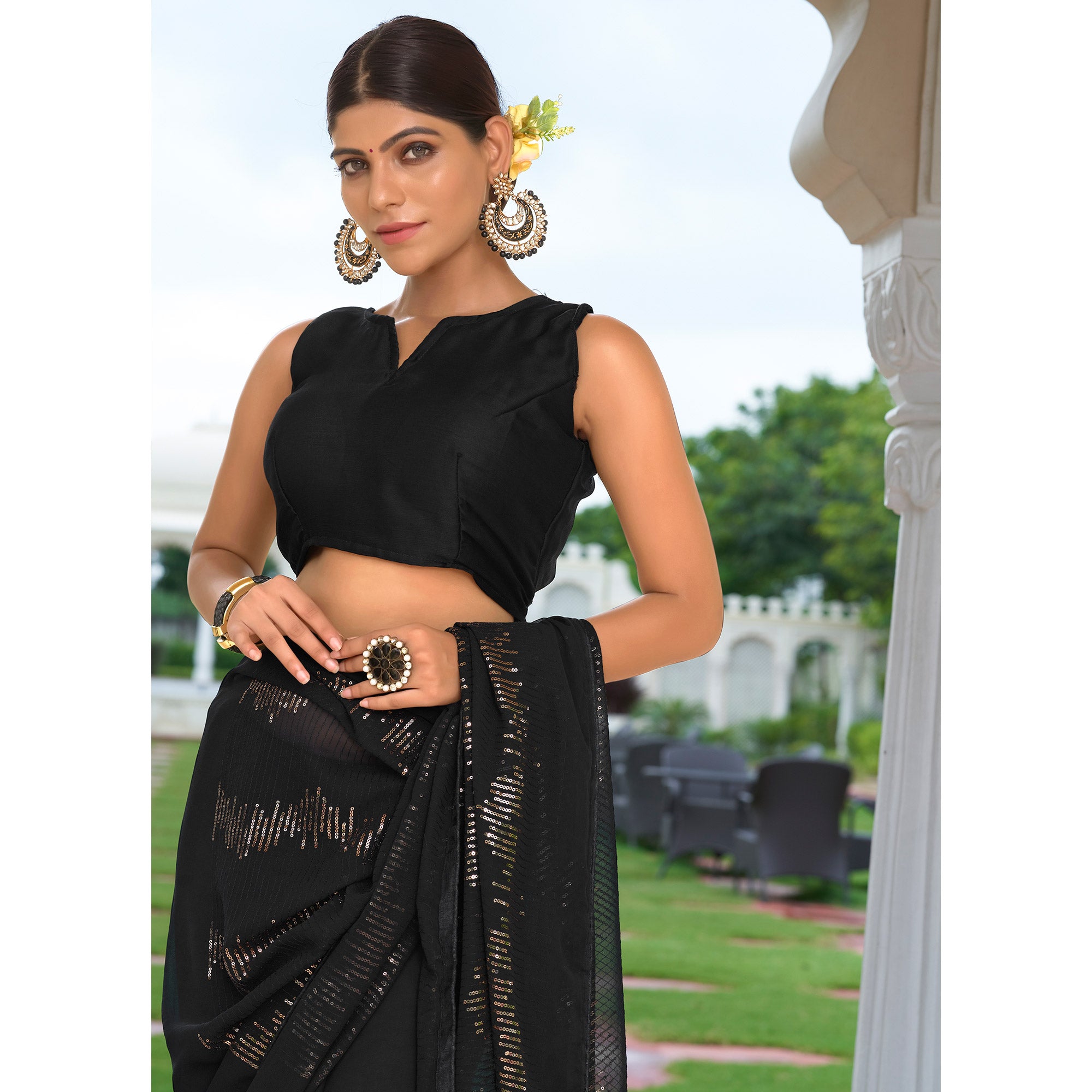 Black Sequins Embroidered Georgette Saree