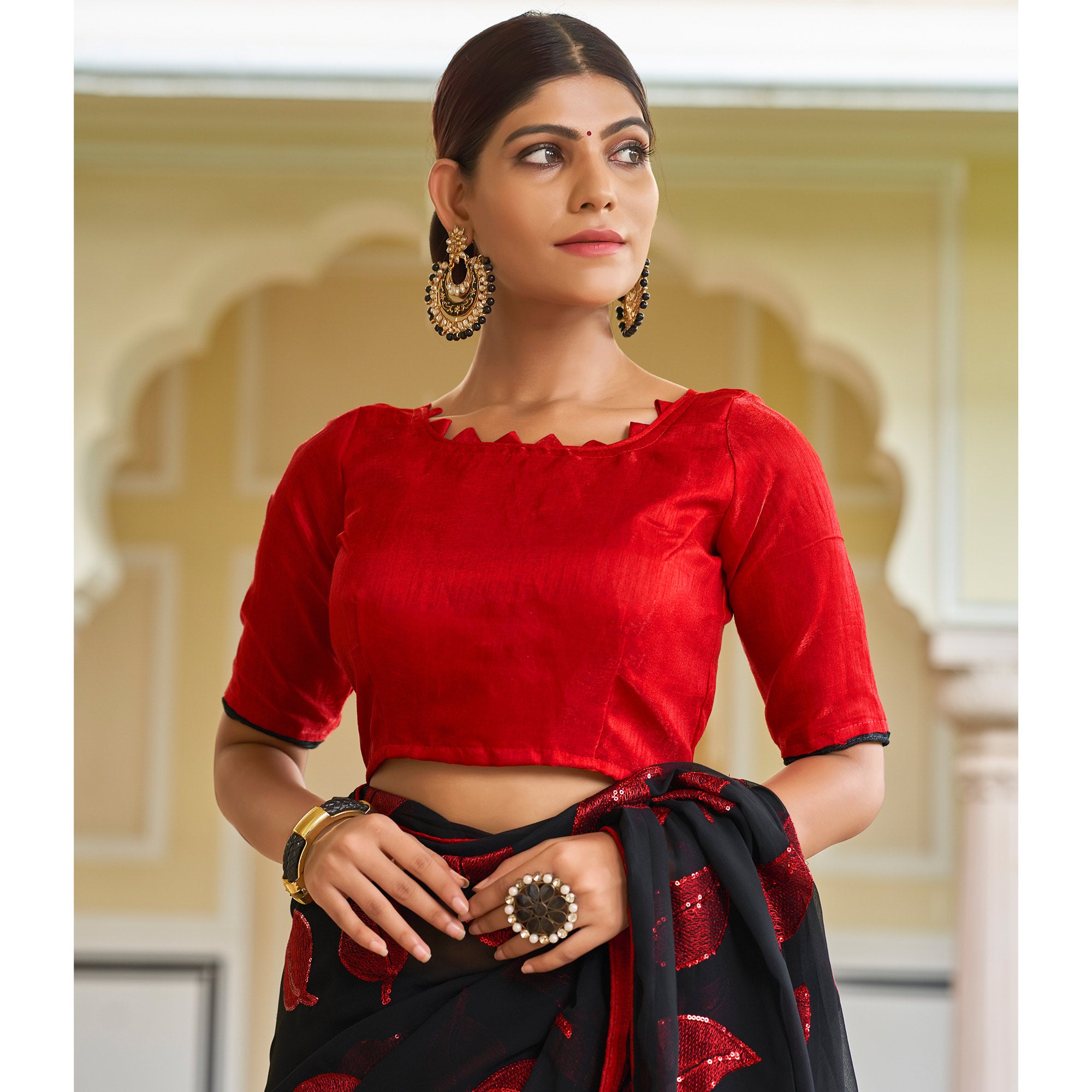 Black & Red Sequins Embroidered Georgette Saree