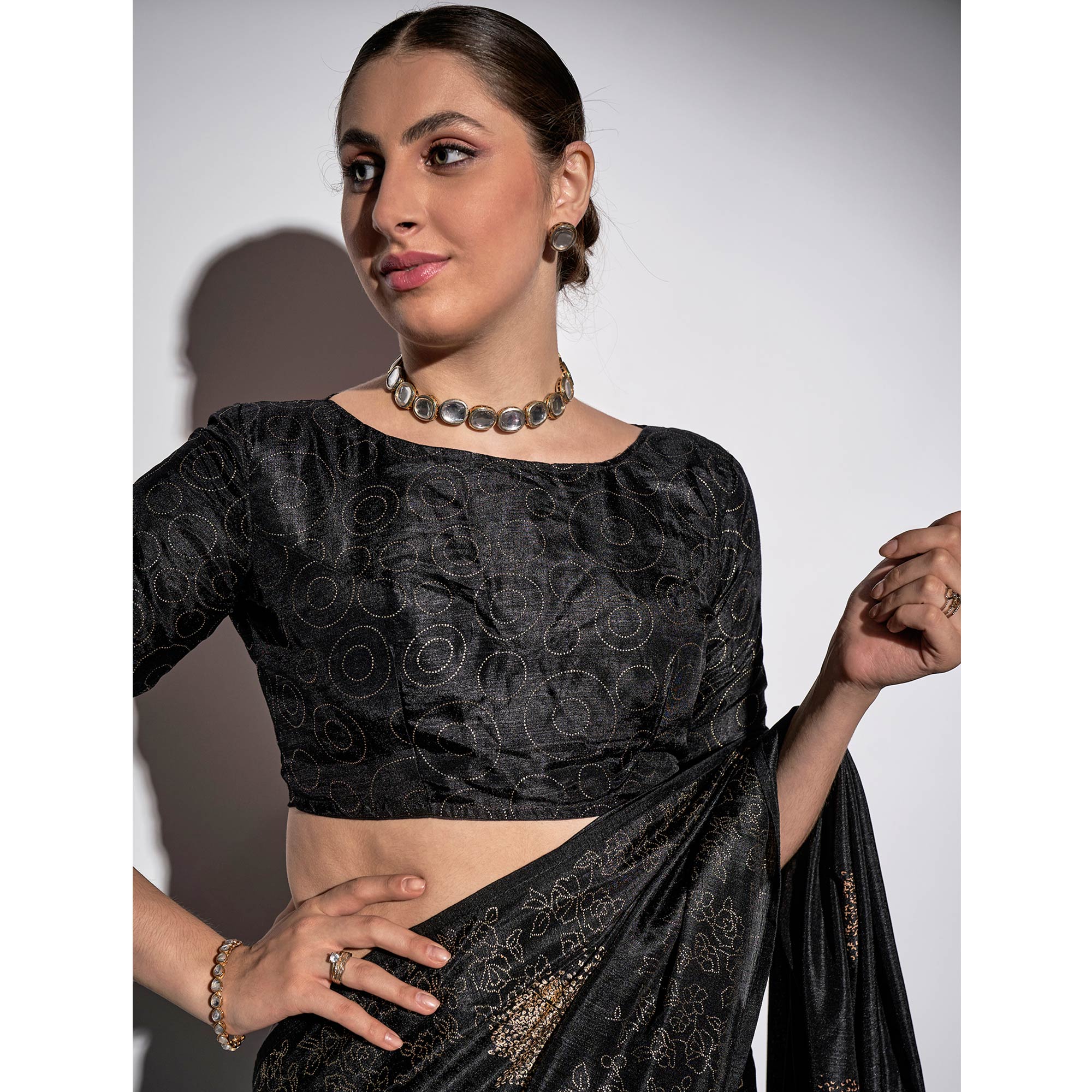 Black Foil Print Georgette Fabric Saree