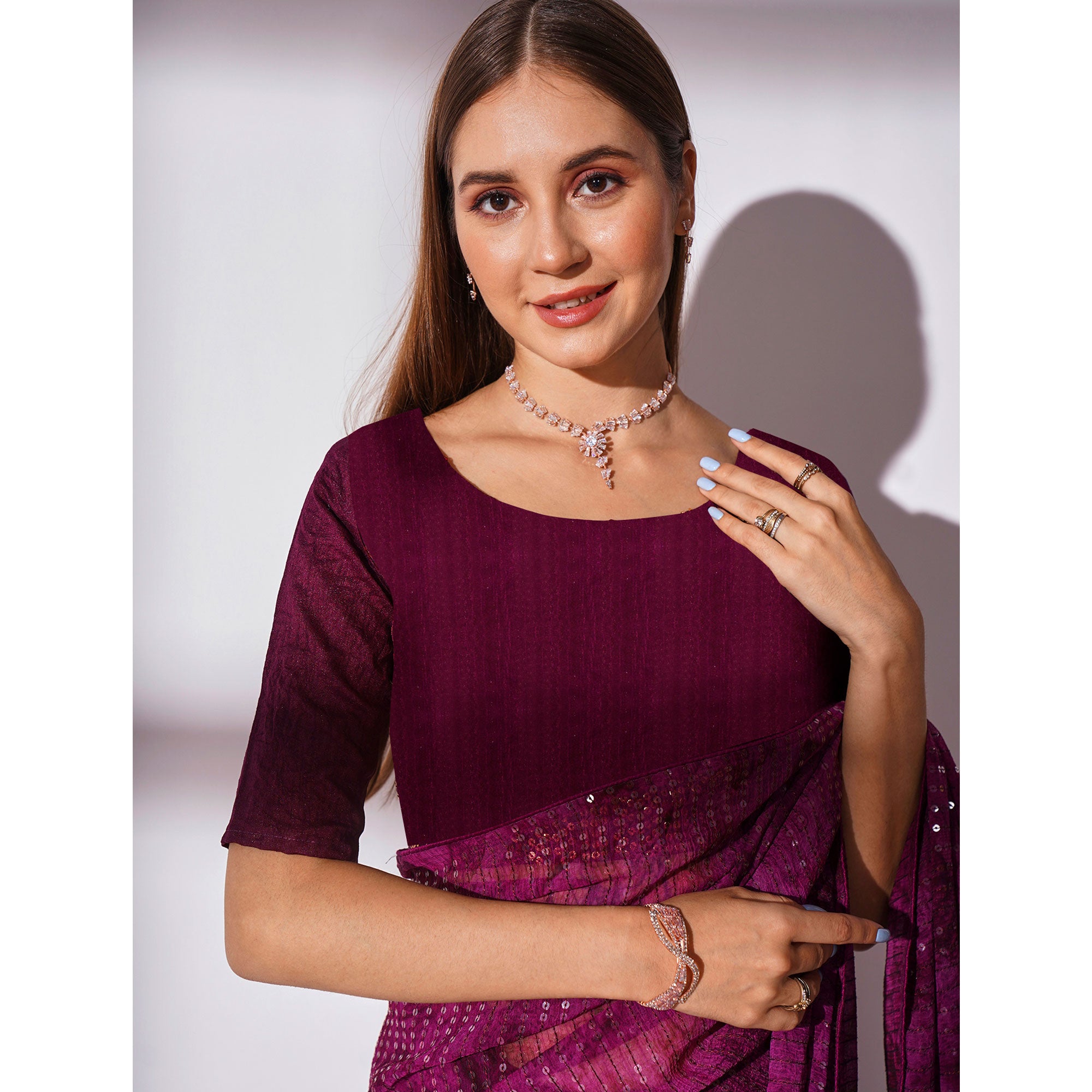 Wine Ombre Print Sequence Work Georgette Saree