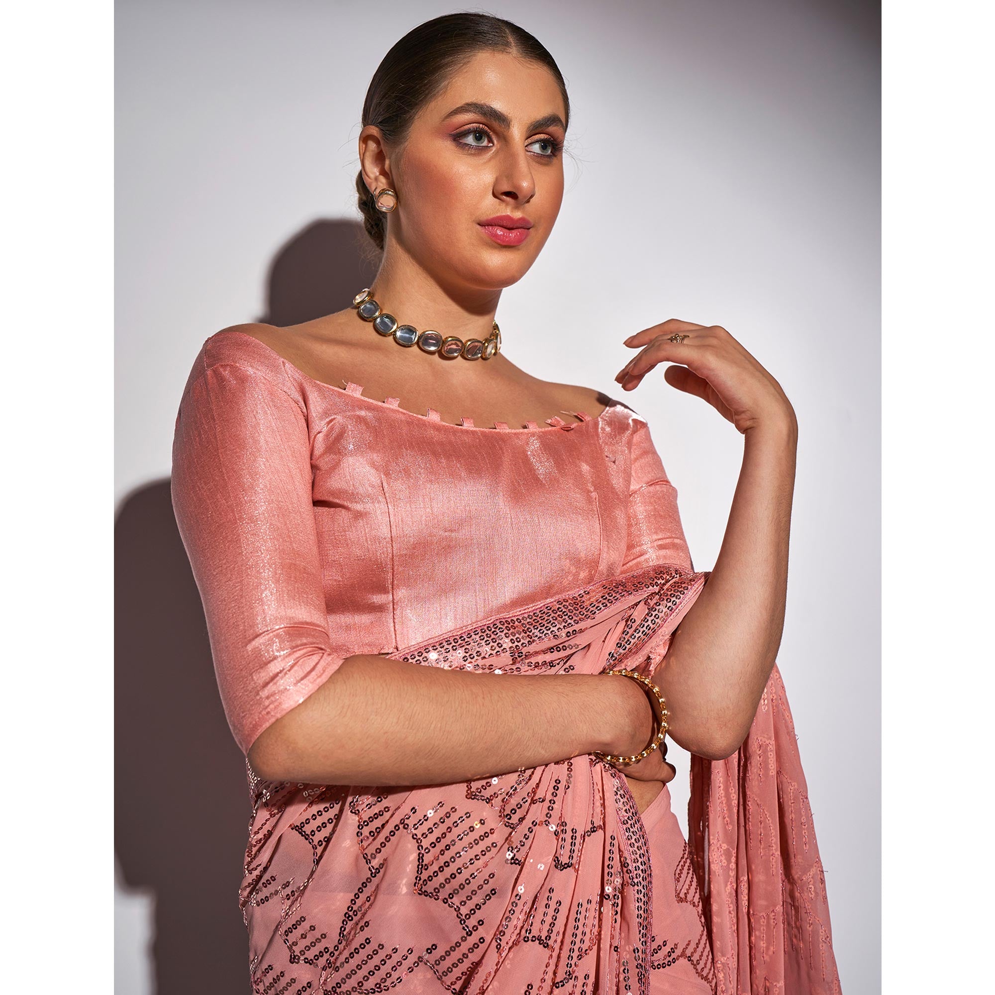 Peach Sequins Embroidered Georgette Saree