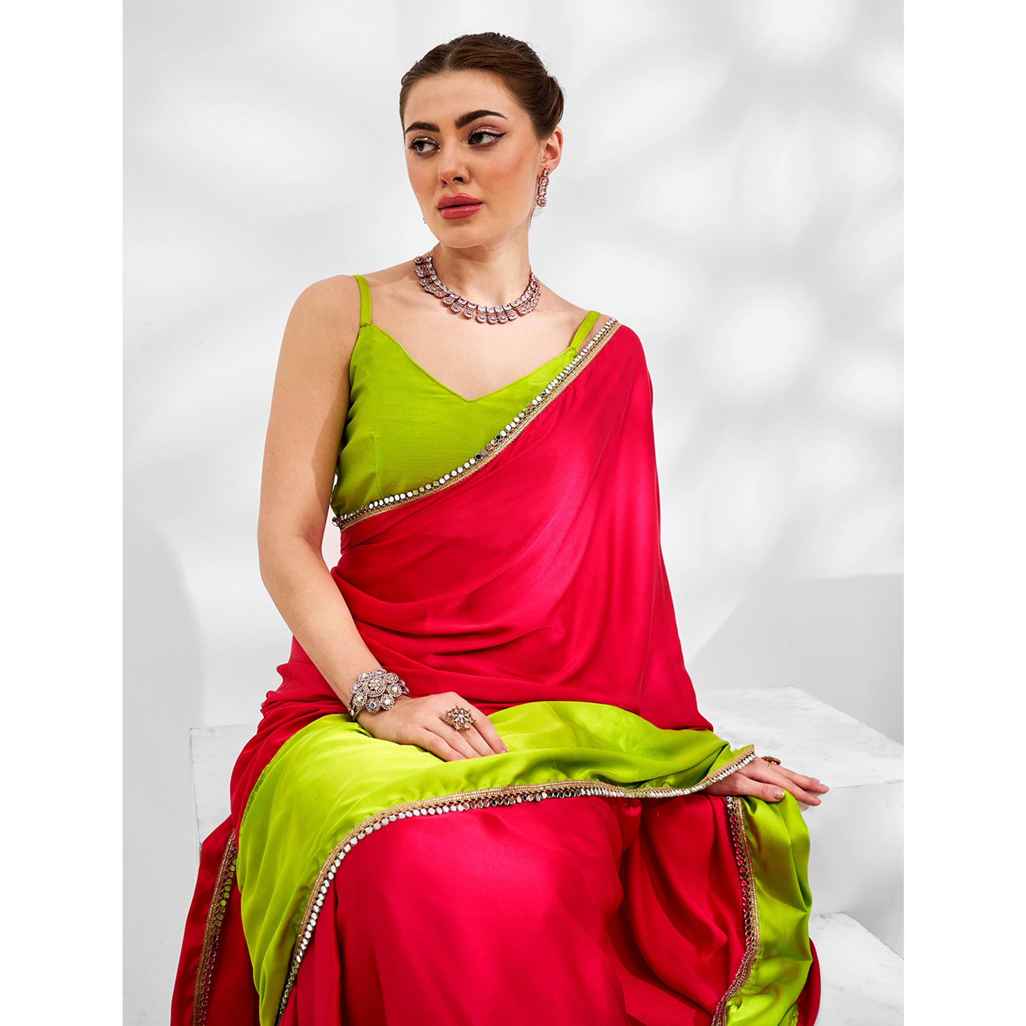 Pink & Green Solid Pure Silk Saree With Mirror Work Border