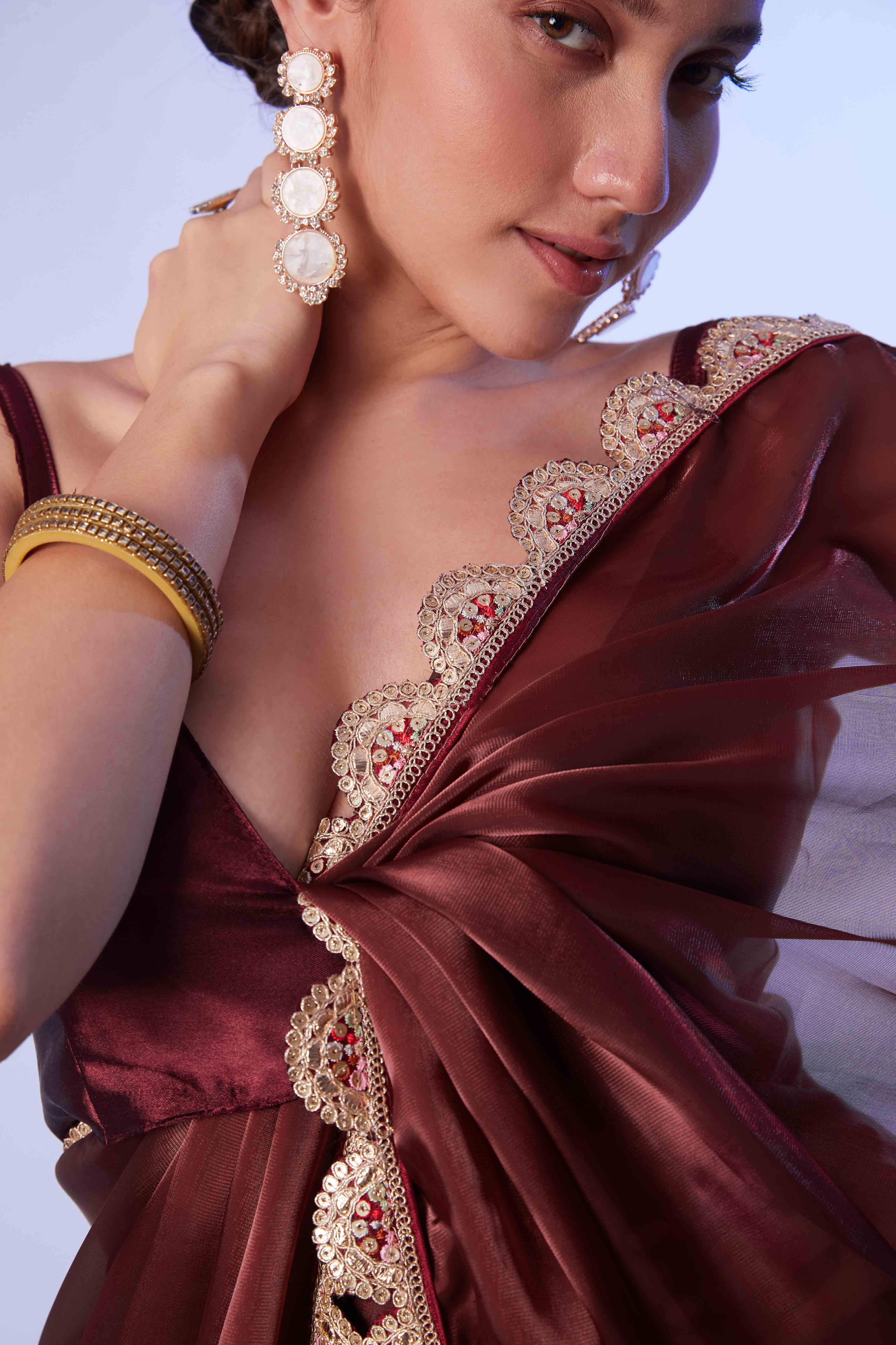 Brown Satin Solid Saree Adorned with Sequins Work