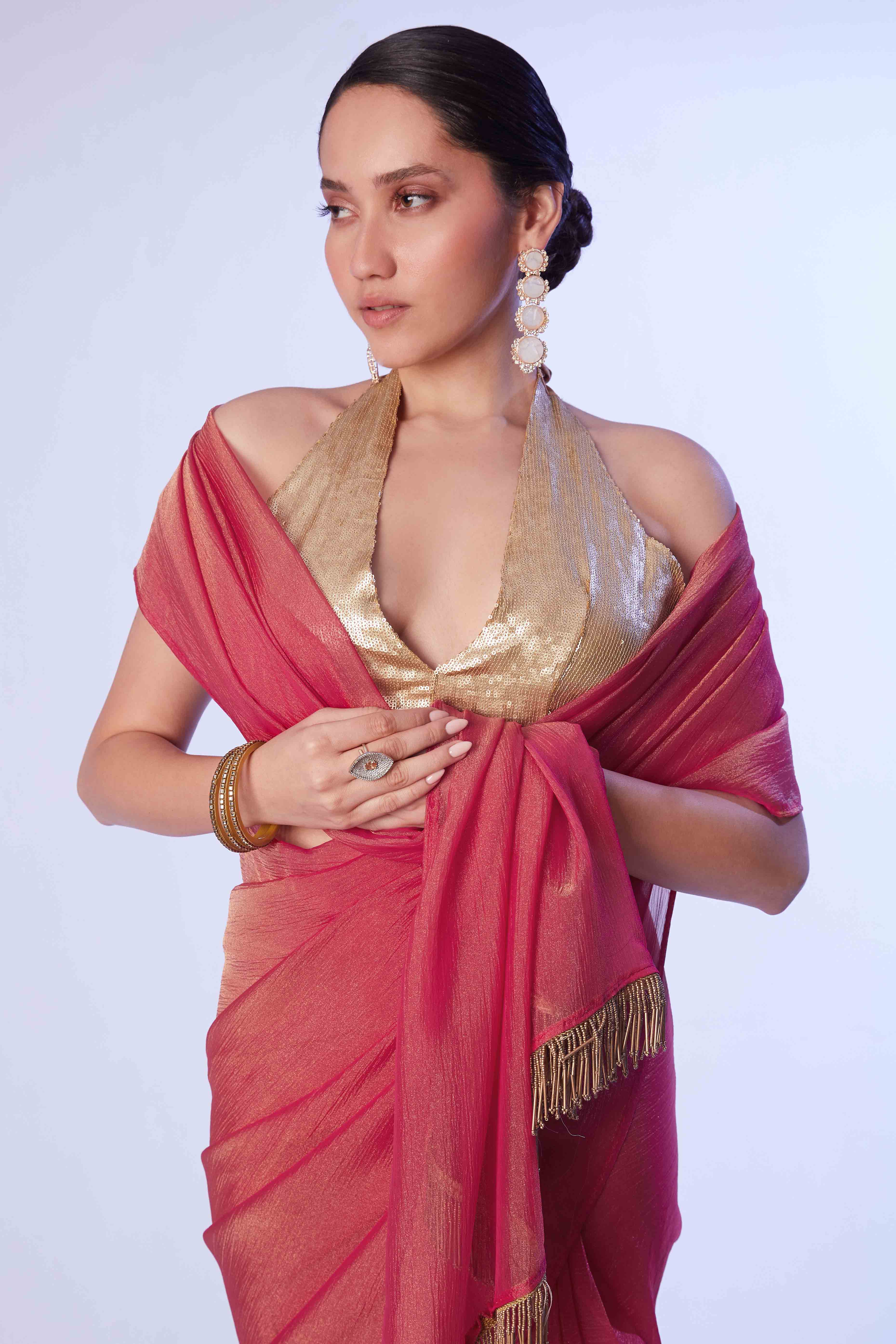 Light Red Satin Solid Embroidered Saree Adorned with Beads & Stones