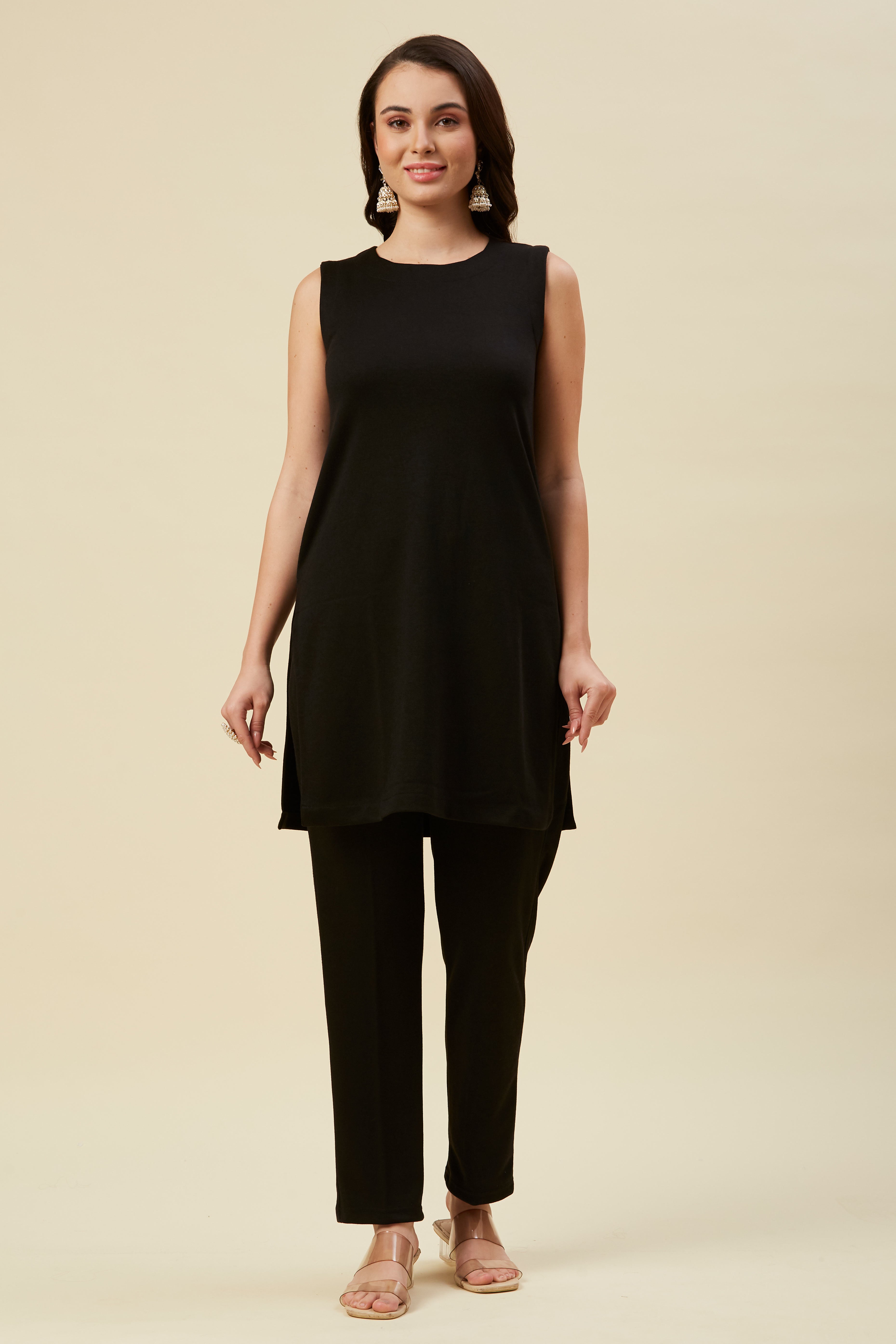 Black Woven Woolen Front Split Top Bottom Set