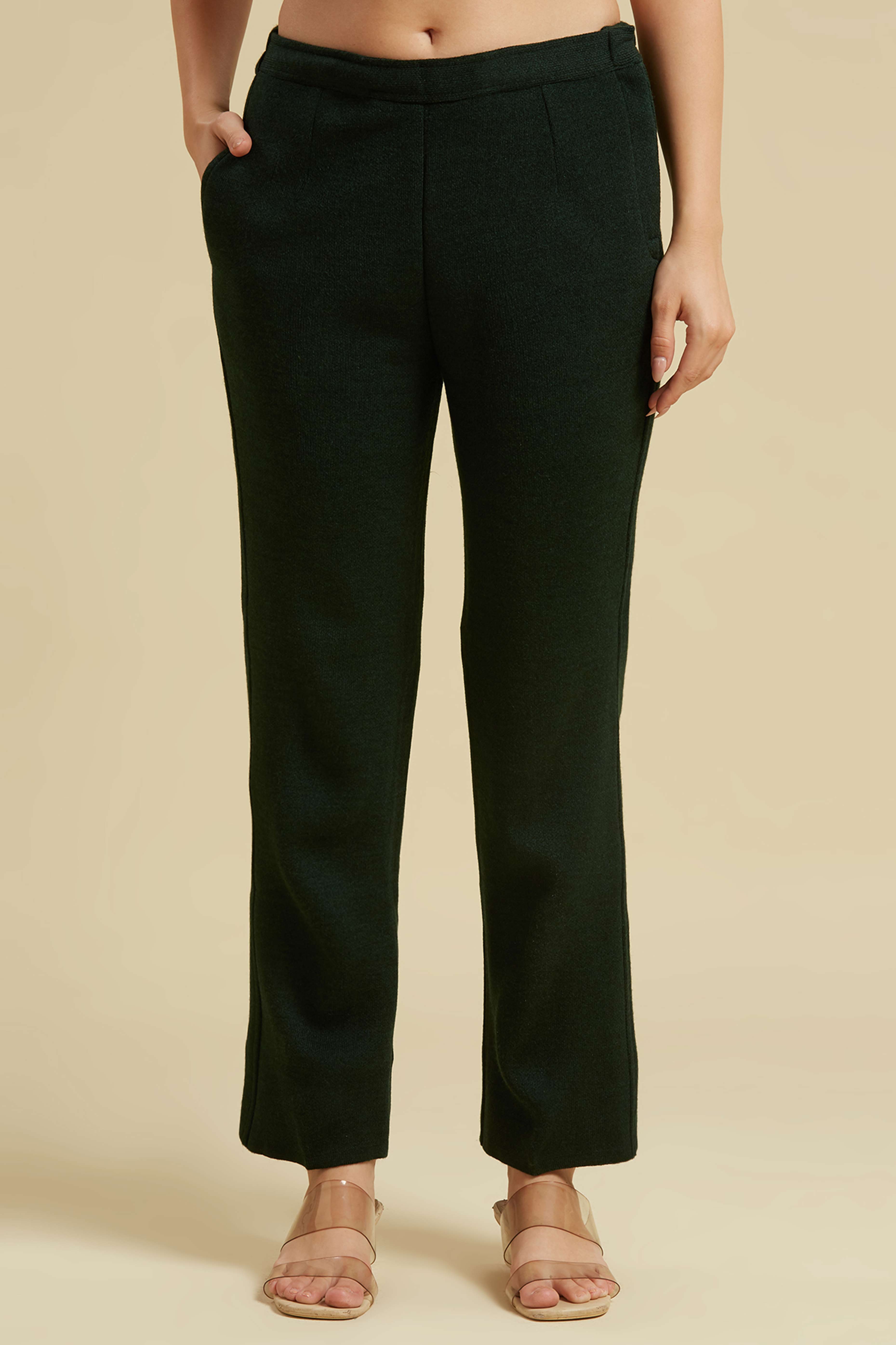 Bottle Green Woven Woolen Straight Top Bottom Set
