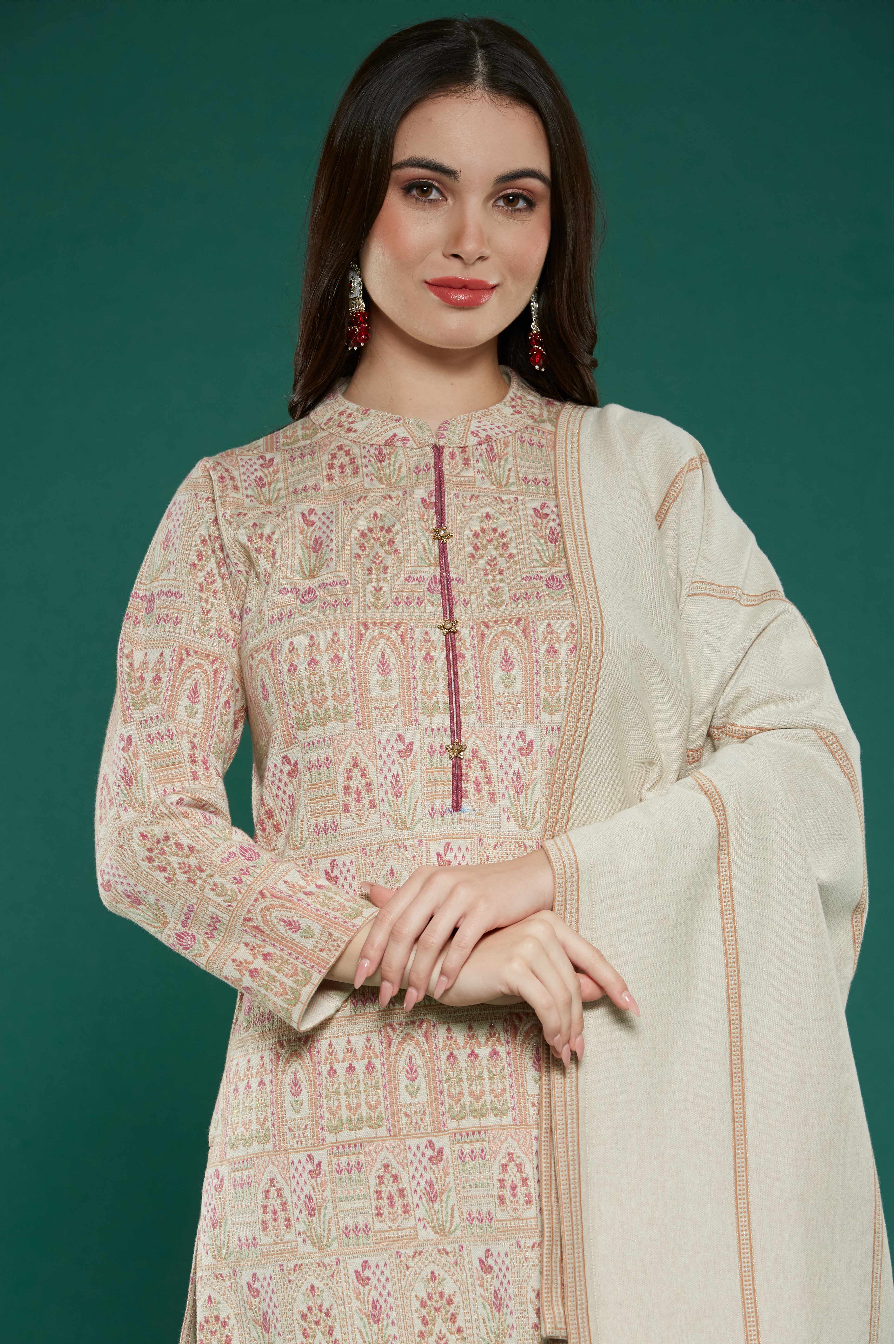 Beige Floral Woven Woolen Straight Salwar Suit