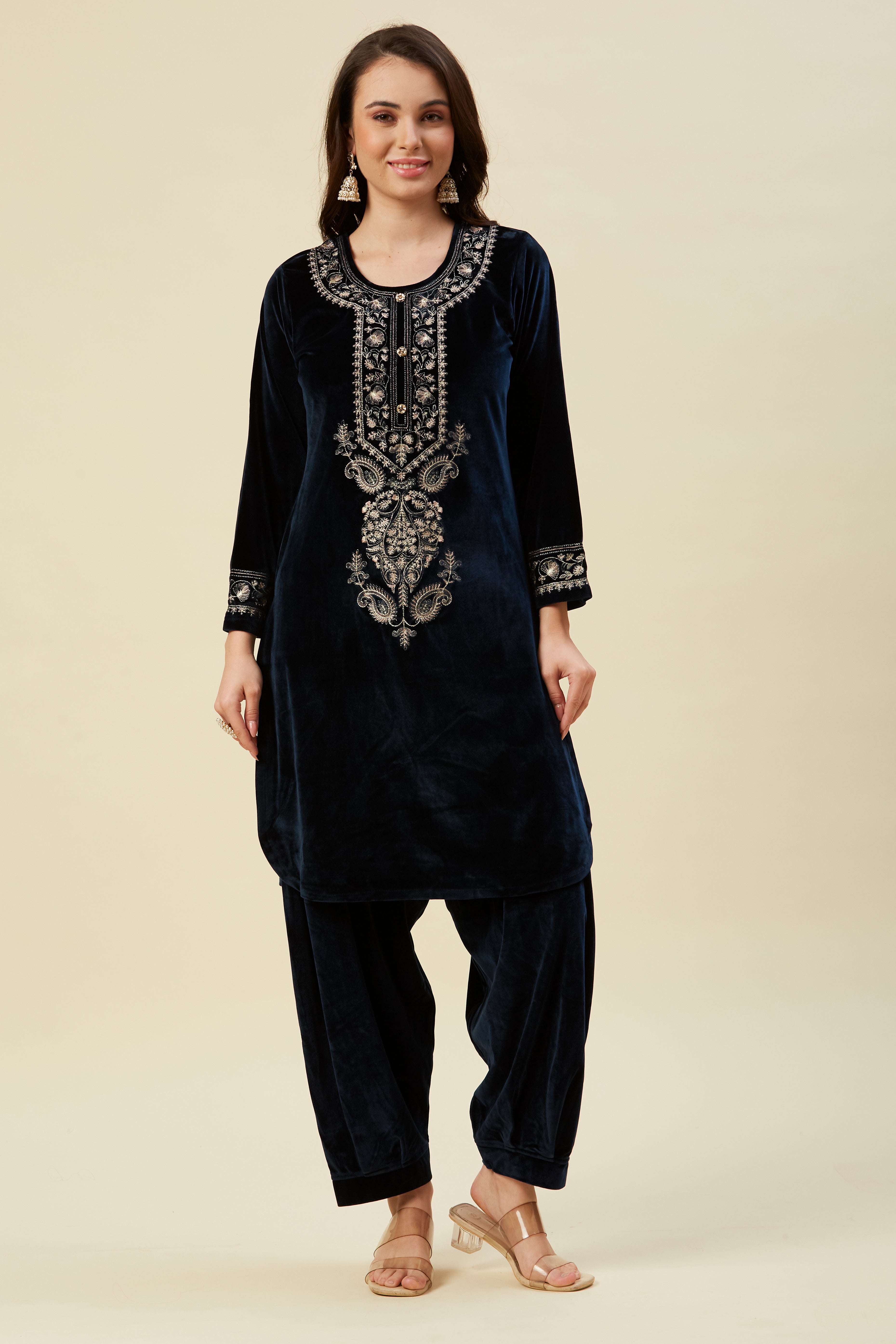 Navy Blue Embroidered Velvet Straight Salwar Suit