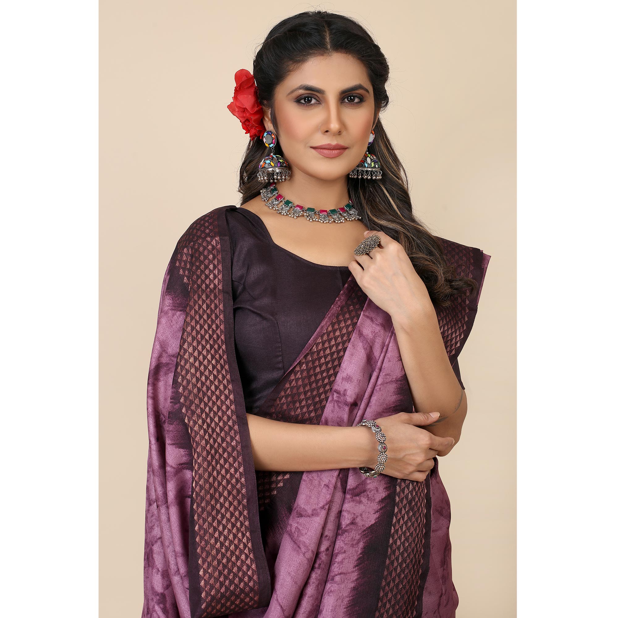 Purple Printed Cotton Silk Saree With Zari Border
