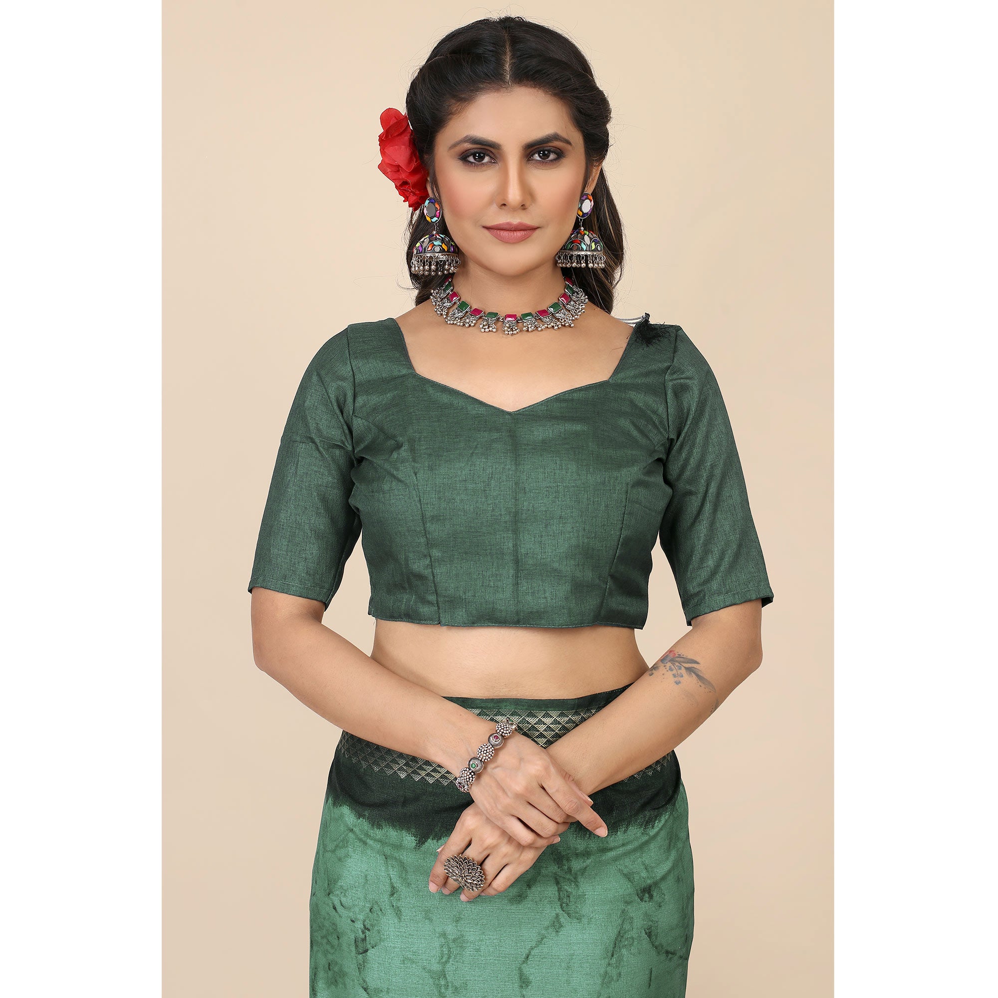 Turquoise Printed Cotton Silk Saree With Zari Border