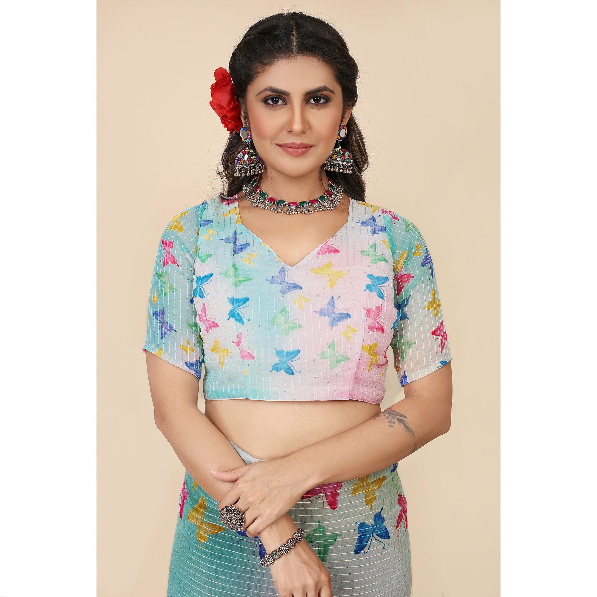 Blue Digital Printed With Sequins Work Georgette Saree