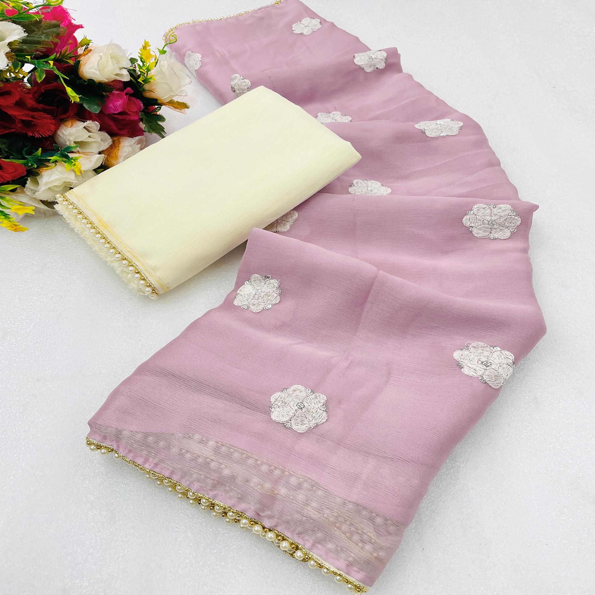 Pink Floral Embroidered Chiffon Saree