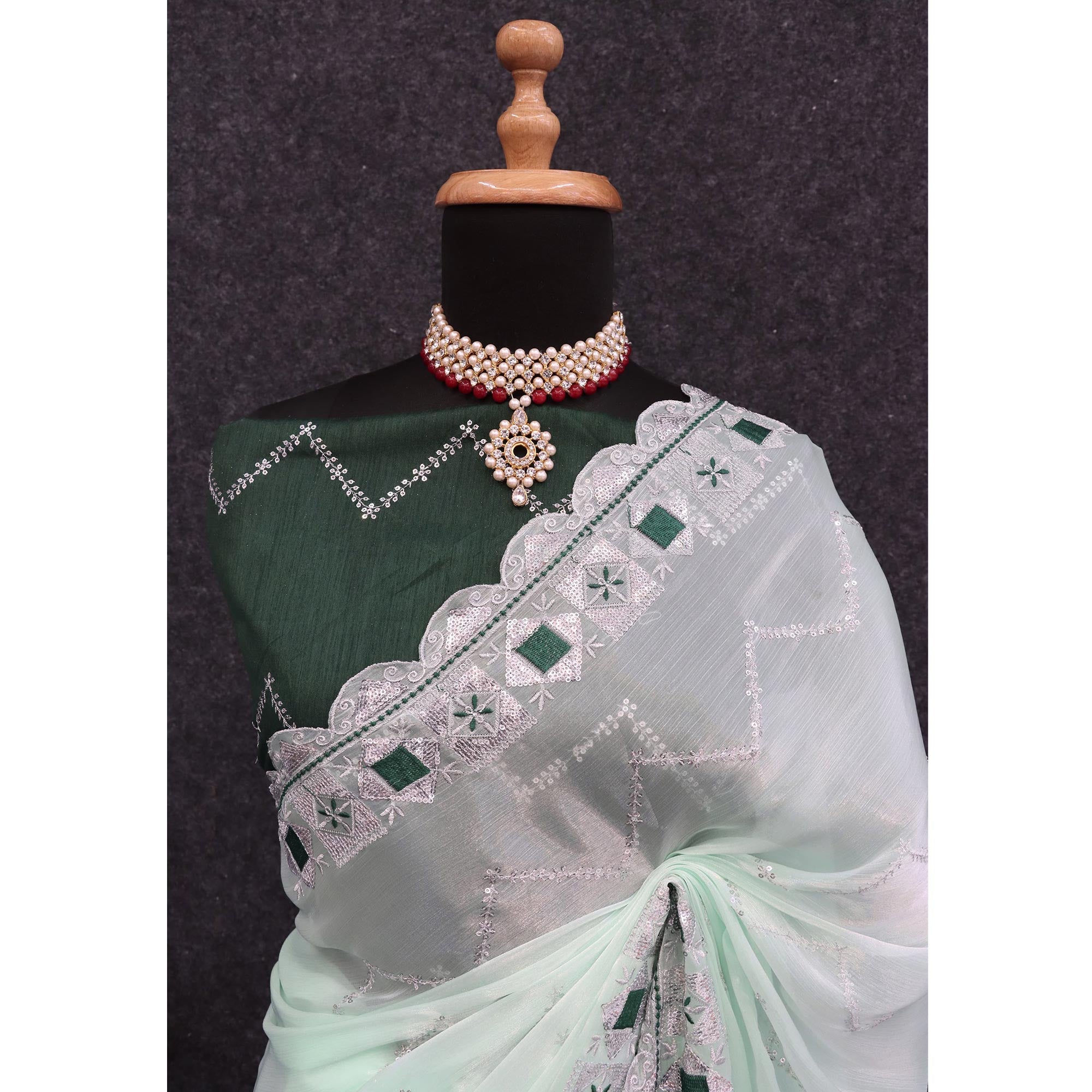 Light Green Sequins Embroidered Chiffon Saree