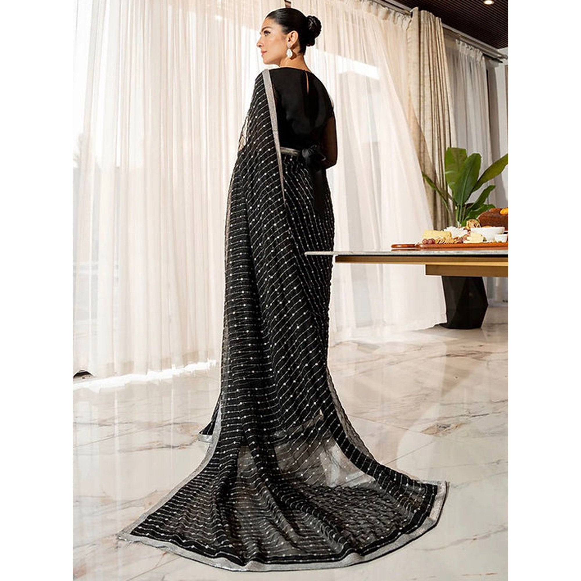 Black Sequins Embroidered Georgette Saree