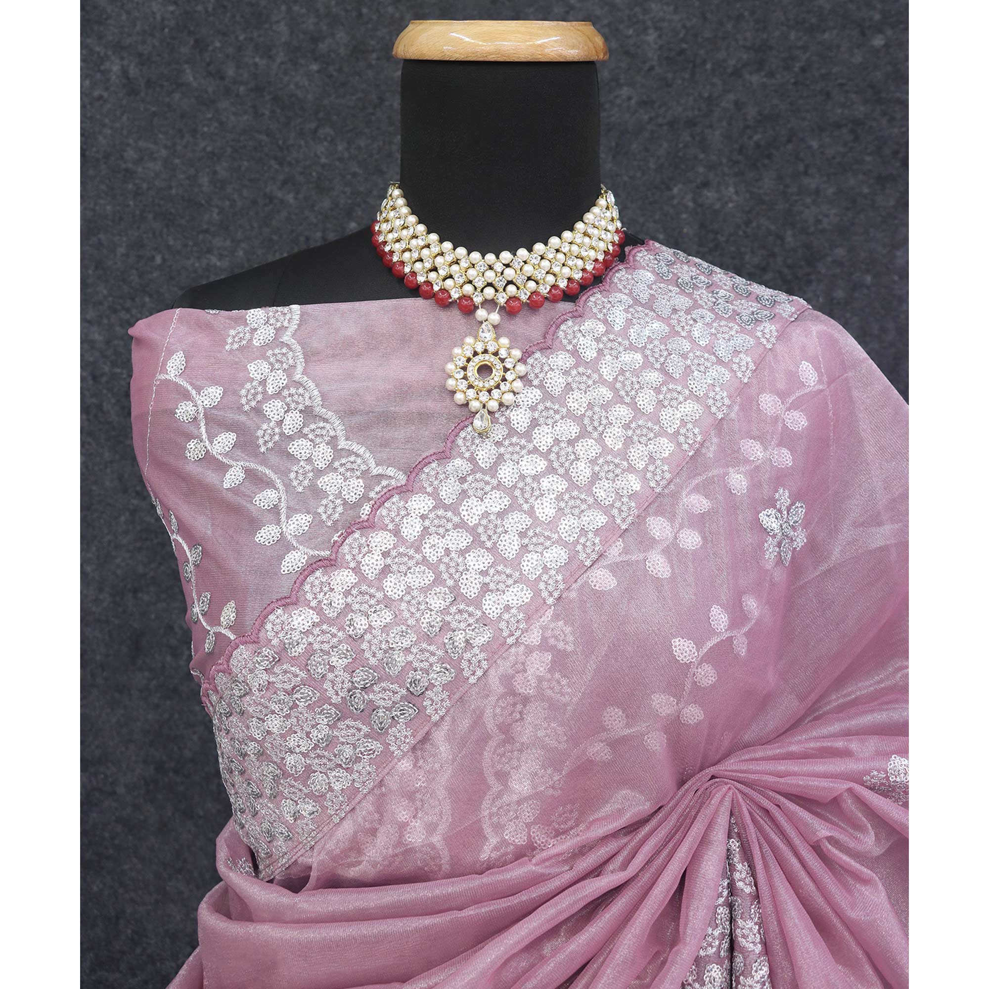 Mauve Floral Embroidered Net Saree