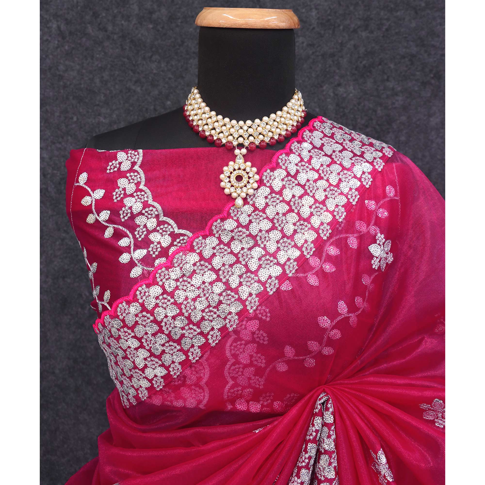 Pink Floral Embroidered Net Saree
