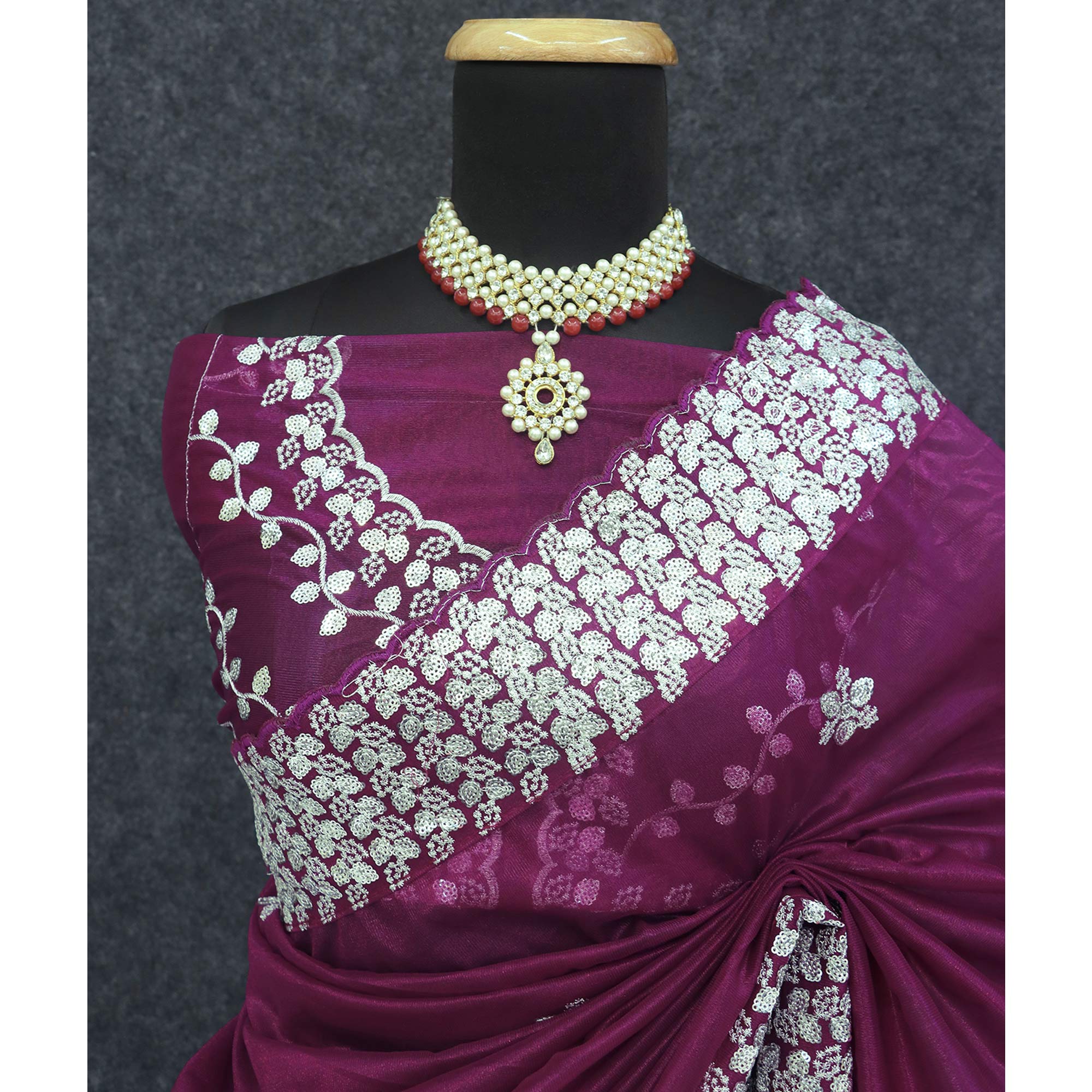 Purple Floral Embroidered Net Saree