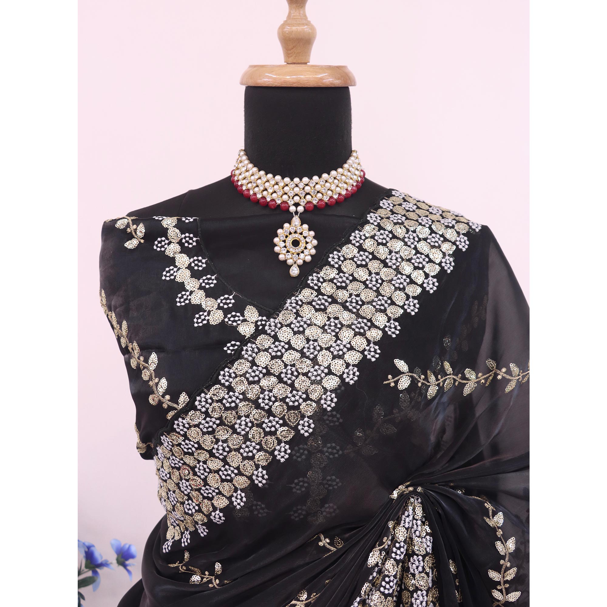 Black Sequins Embroidered Satin Saree