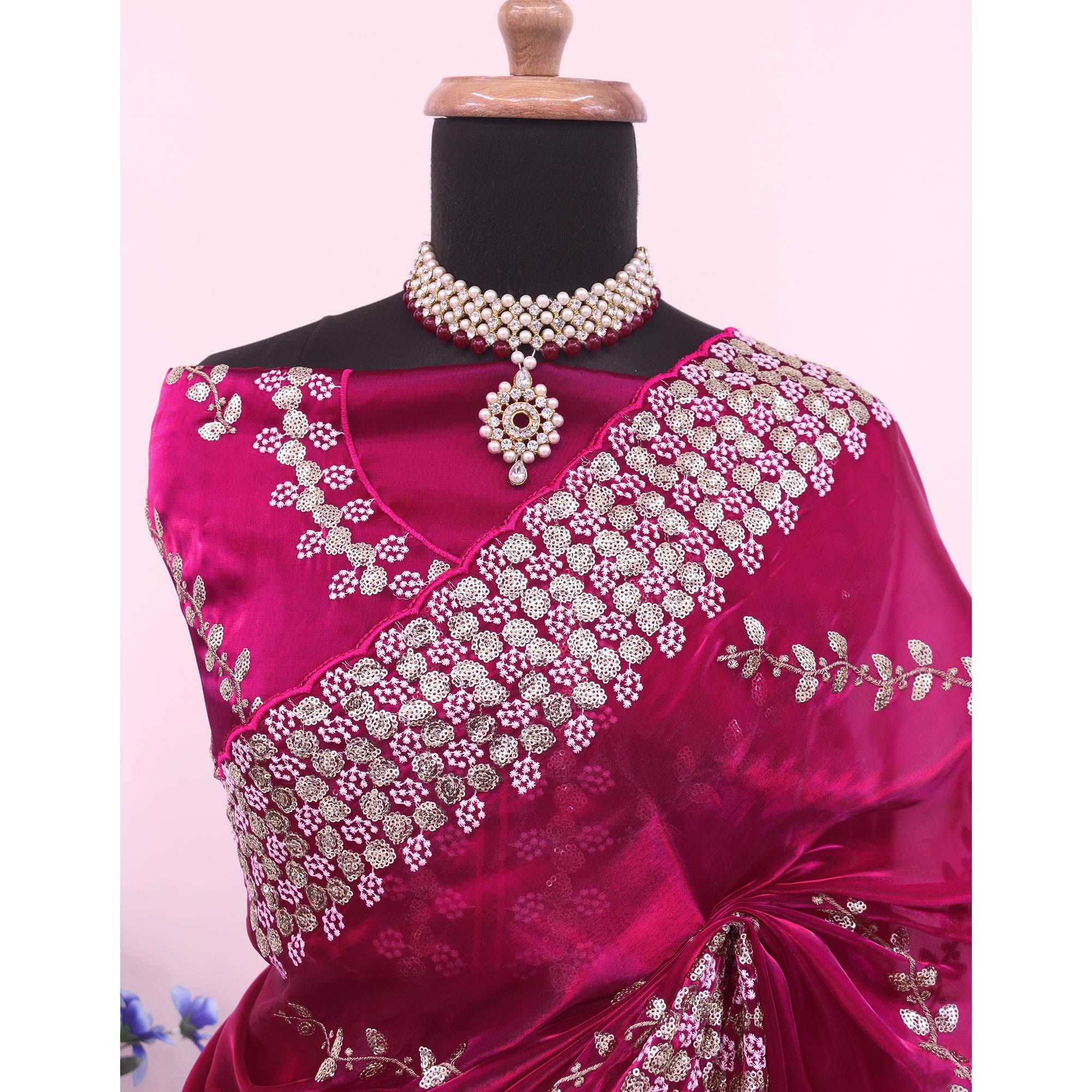 Pink Sequins Embroidered Satin Saree