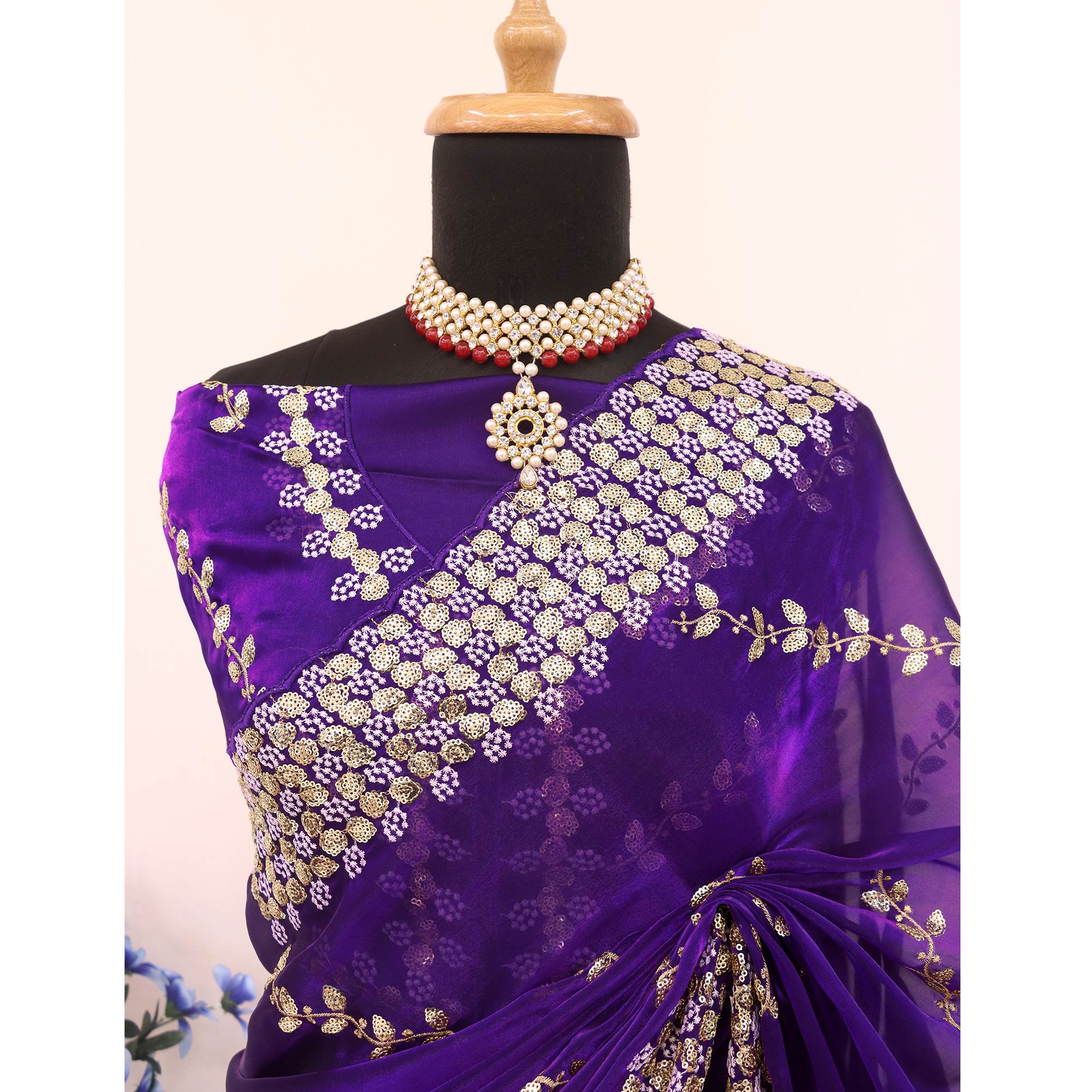 Purple Sequins Embroidered Satin Saree