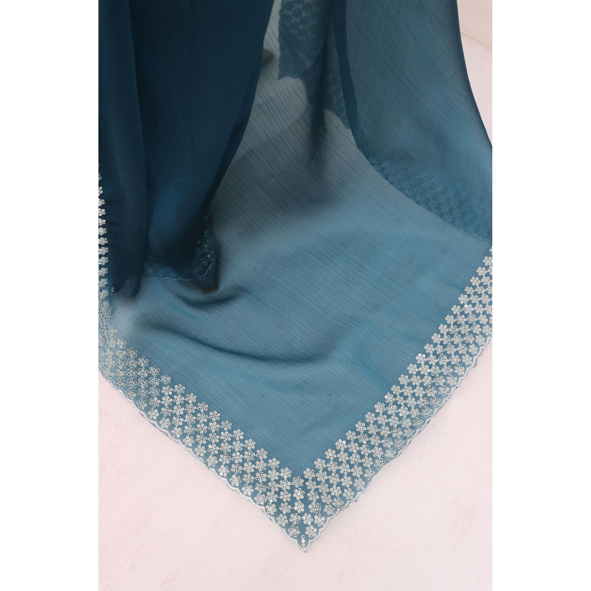 Teal Sequins Embroidered Chiffon Saree