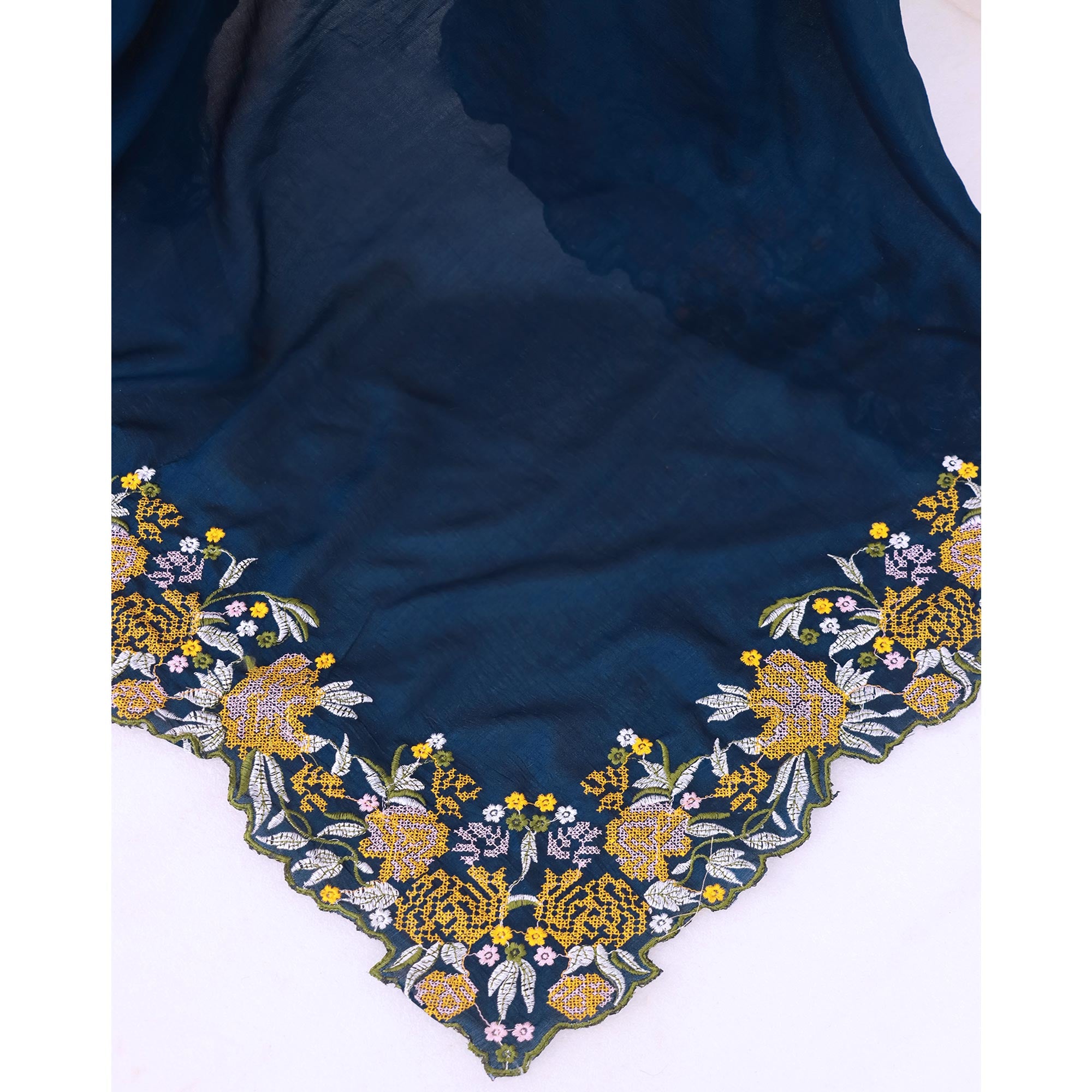Blue Embroidery Vichitra Silk Saree With Floral Border