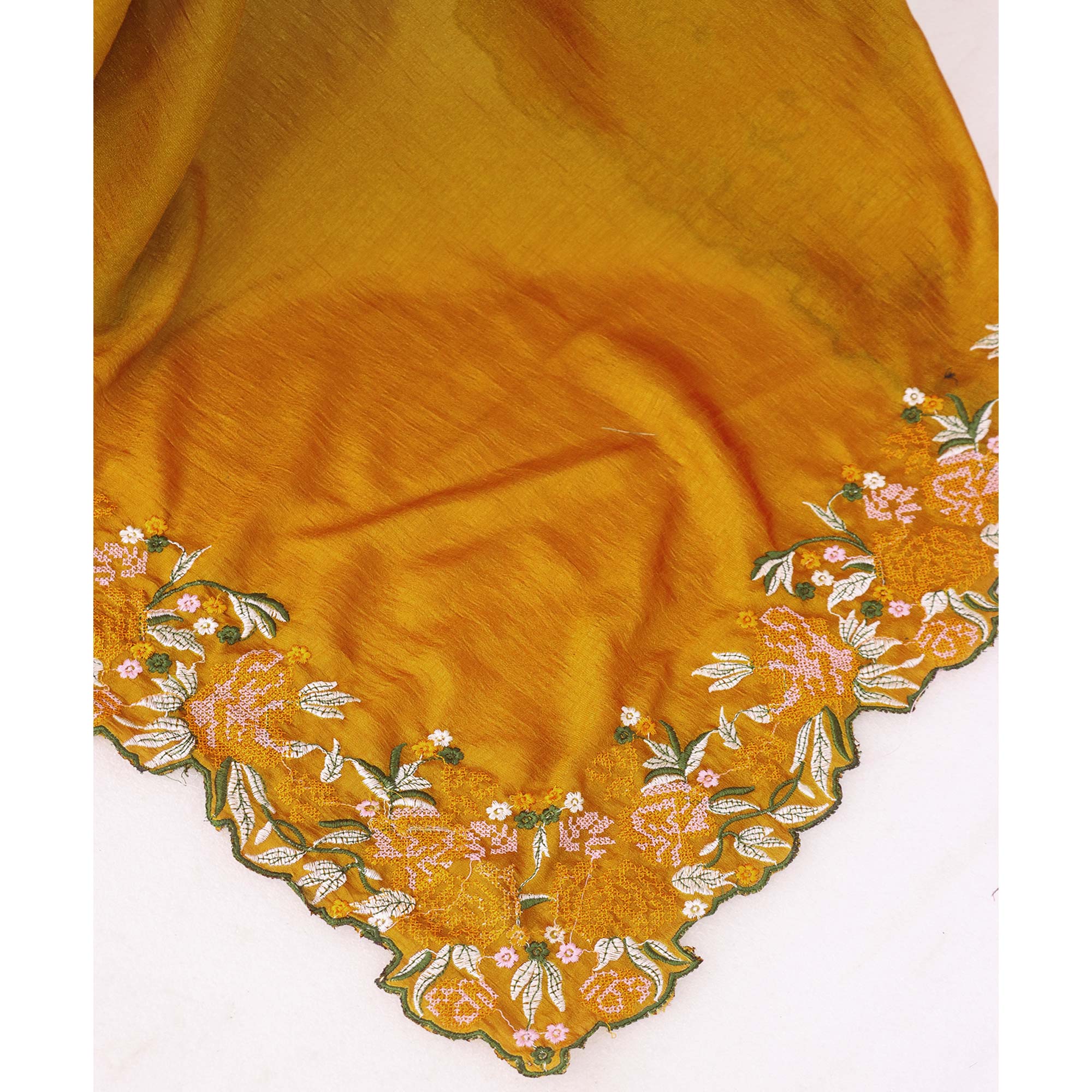 Mustard Embroidery Vichitra Silk Saree With Floral Border