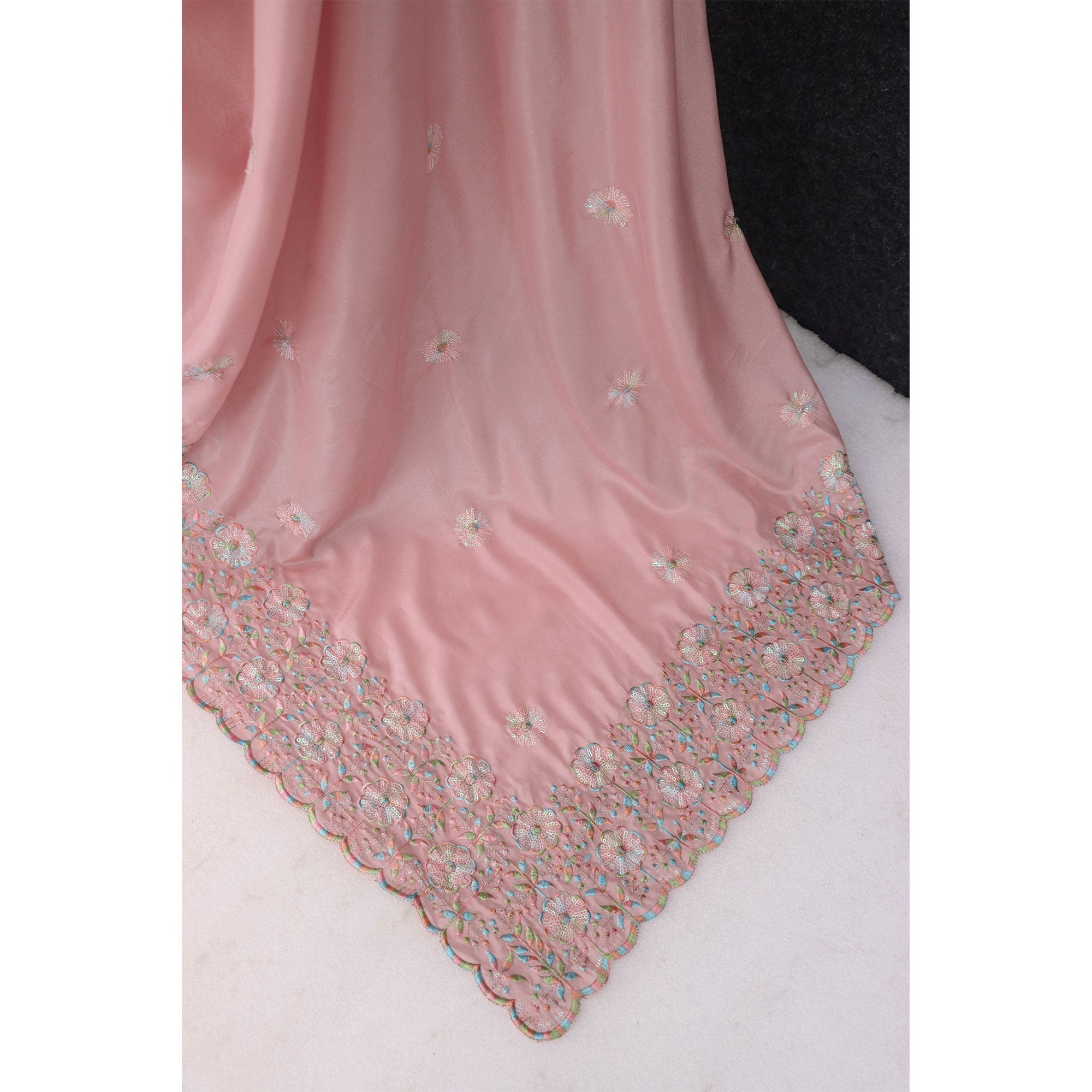 Dusty Pink Floral Sequins Embroidered Crepe Silk Saree