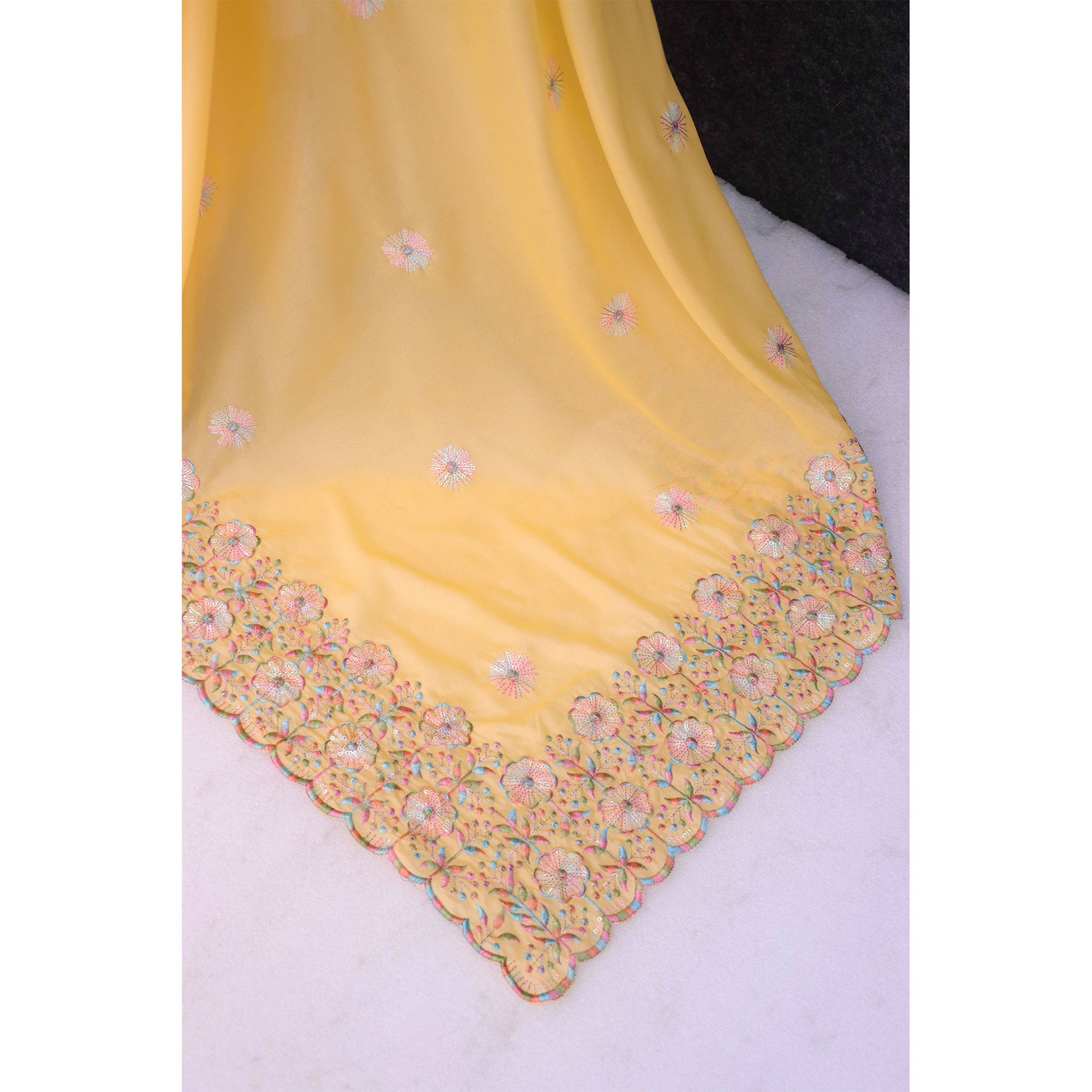 Yellow Floral Sequins Embroidered Crepe Silk Saree