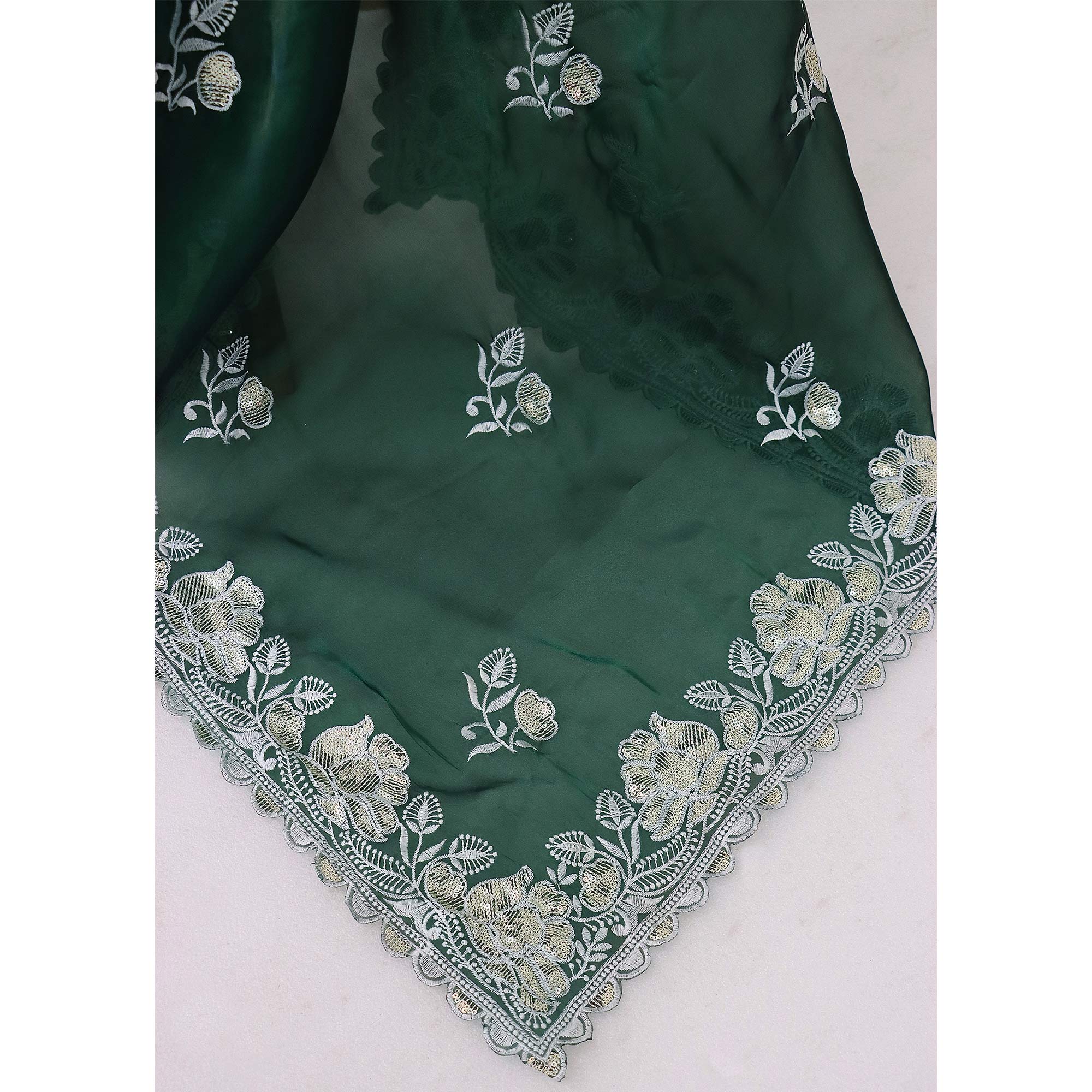 Green Floral Embroidered Satin Saree