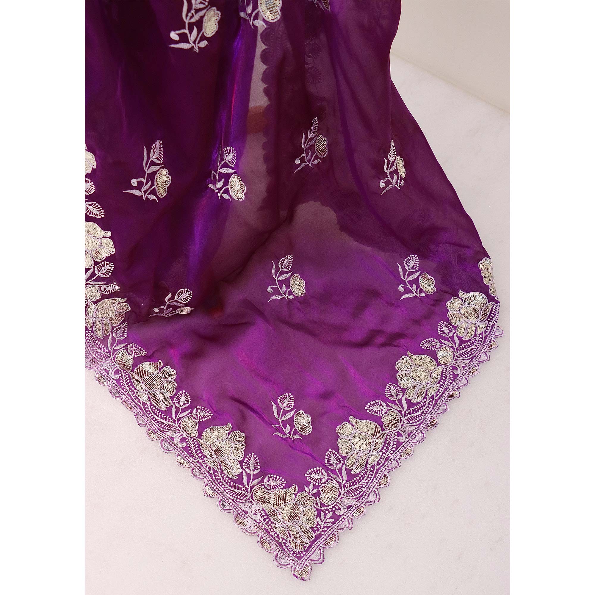 Magenta Floral Embroidered Satin Saree