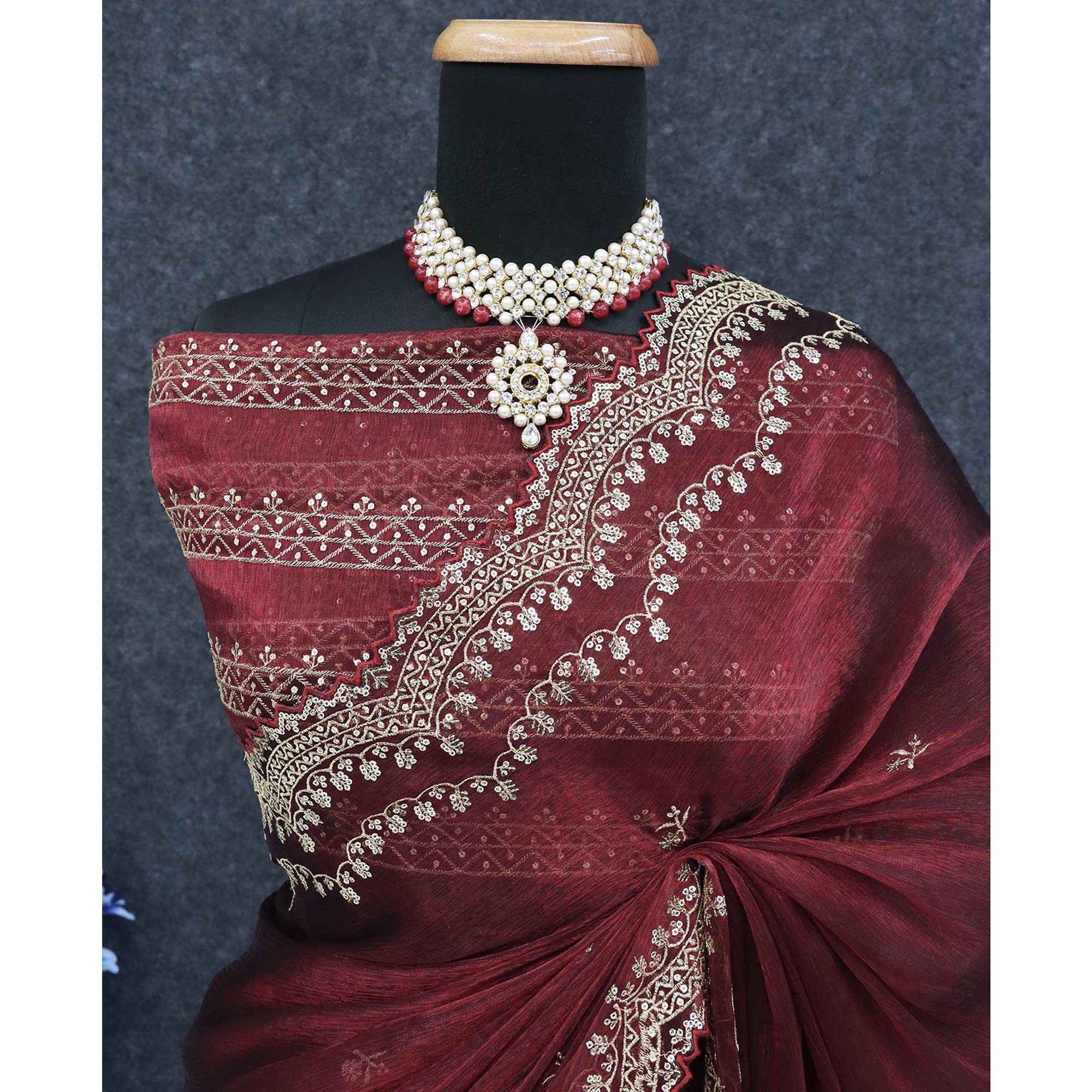 Maroon Embroidered Chiffon Saree