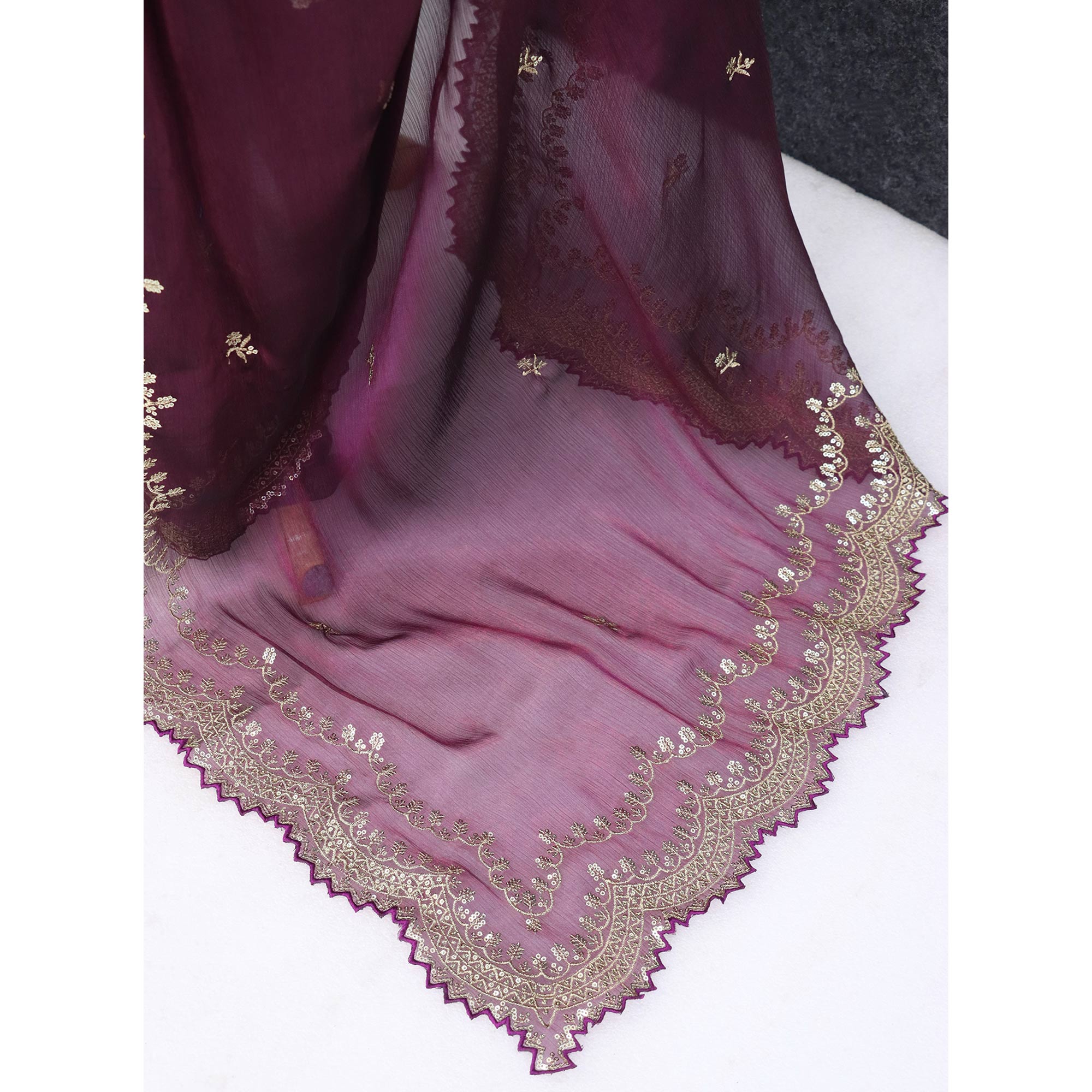 Wine Embroidered Chiffon Saree