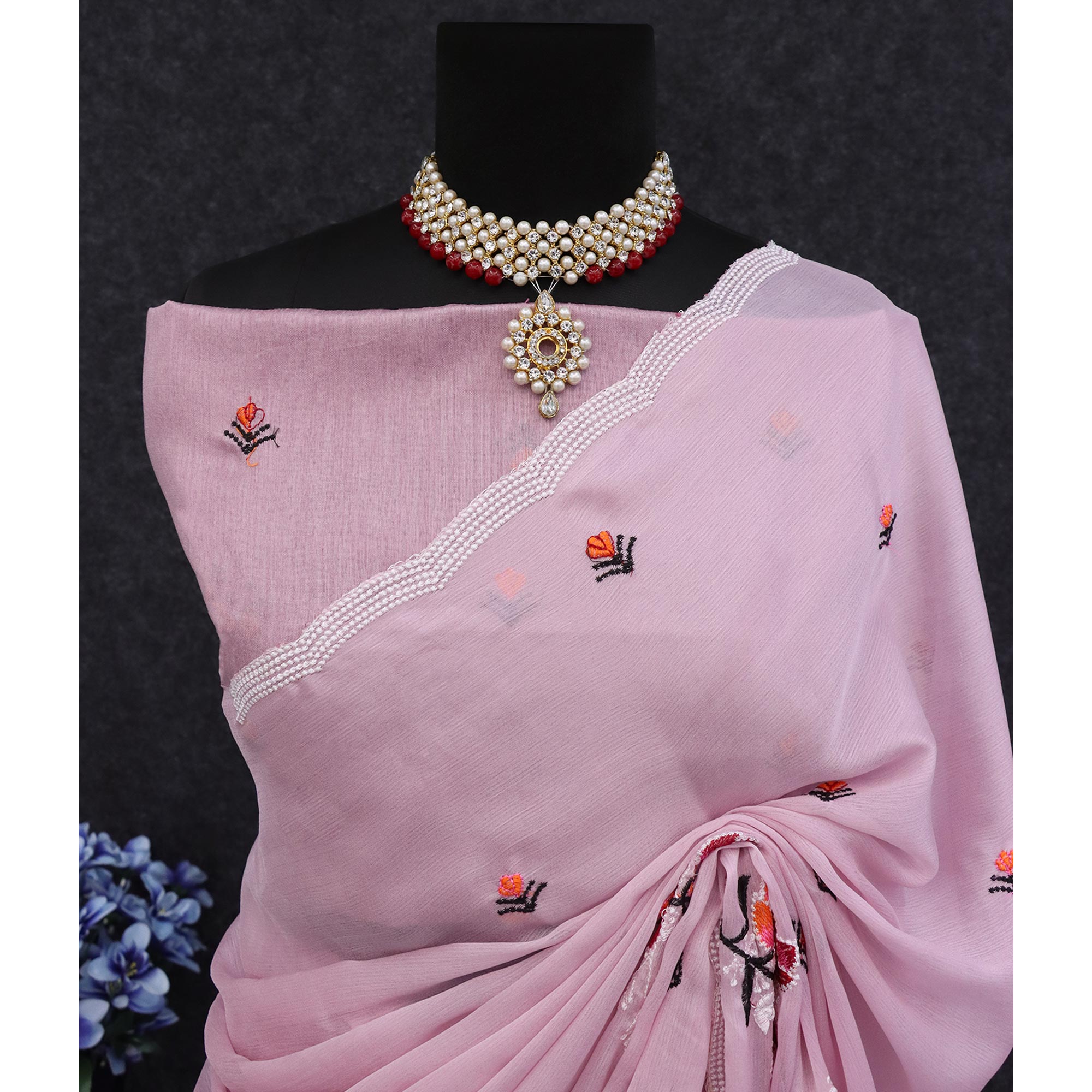 Pink Floral Embroidered Chiffon Saree