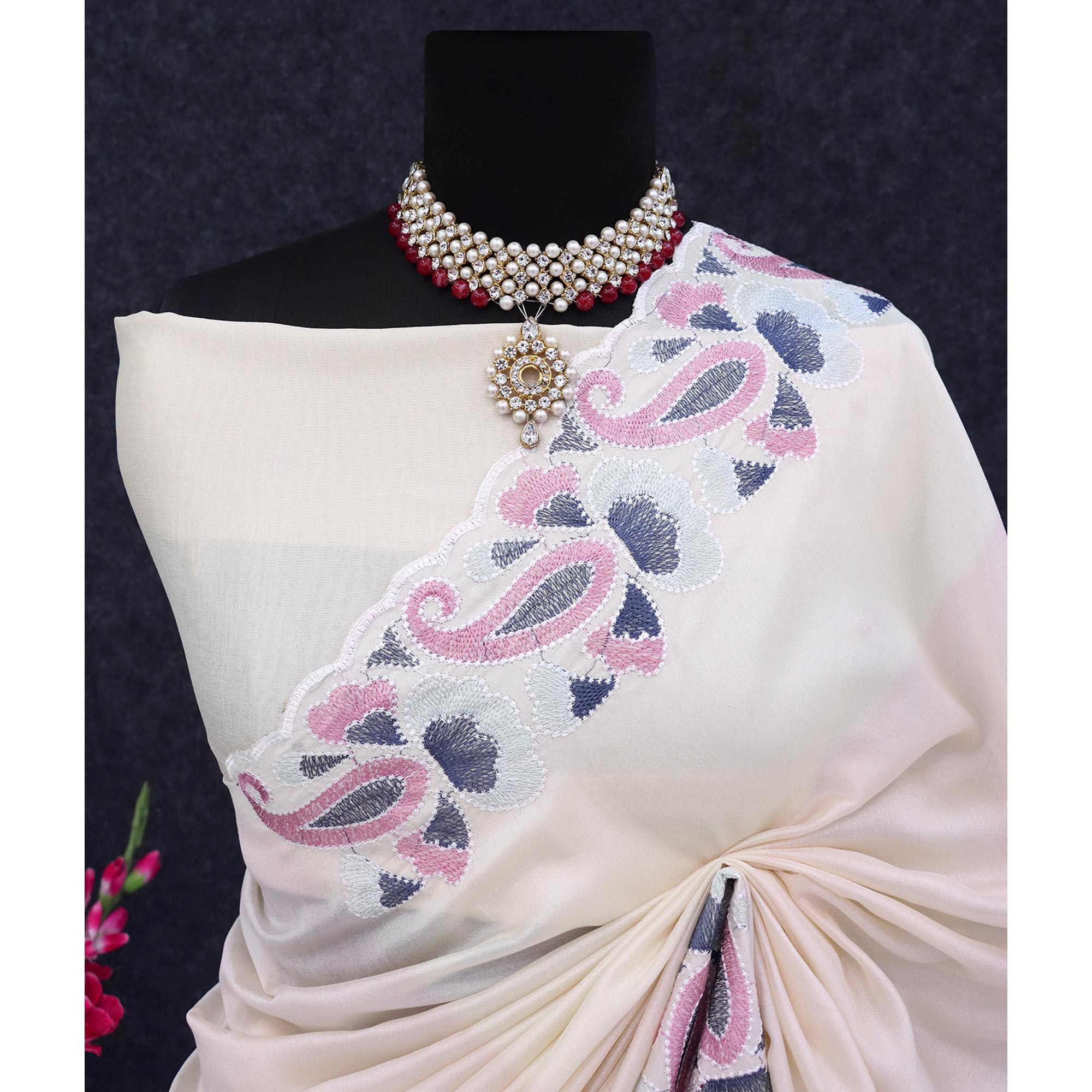 Cream Floral Embroidered Vichitra Silk Saree