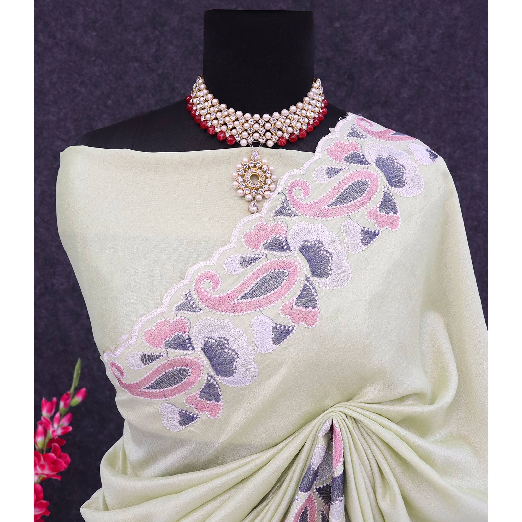 Green Floral Embroidered Vichitra Silk Saree