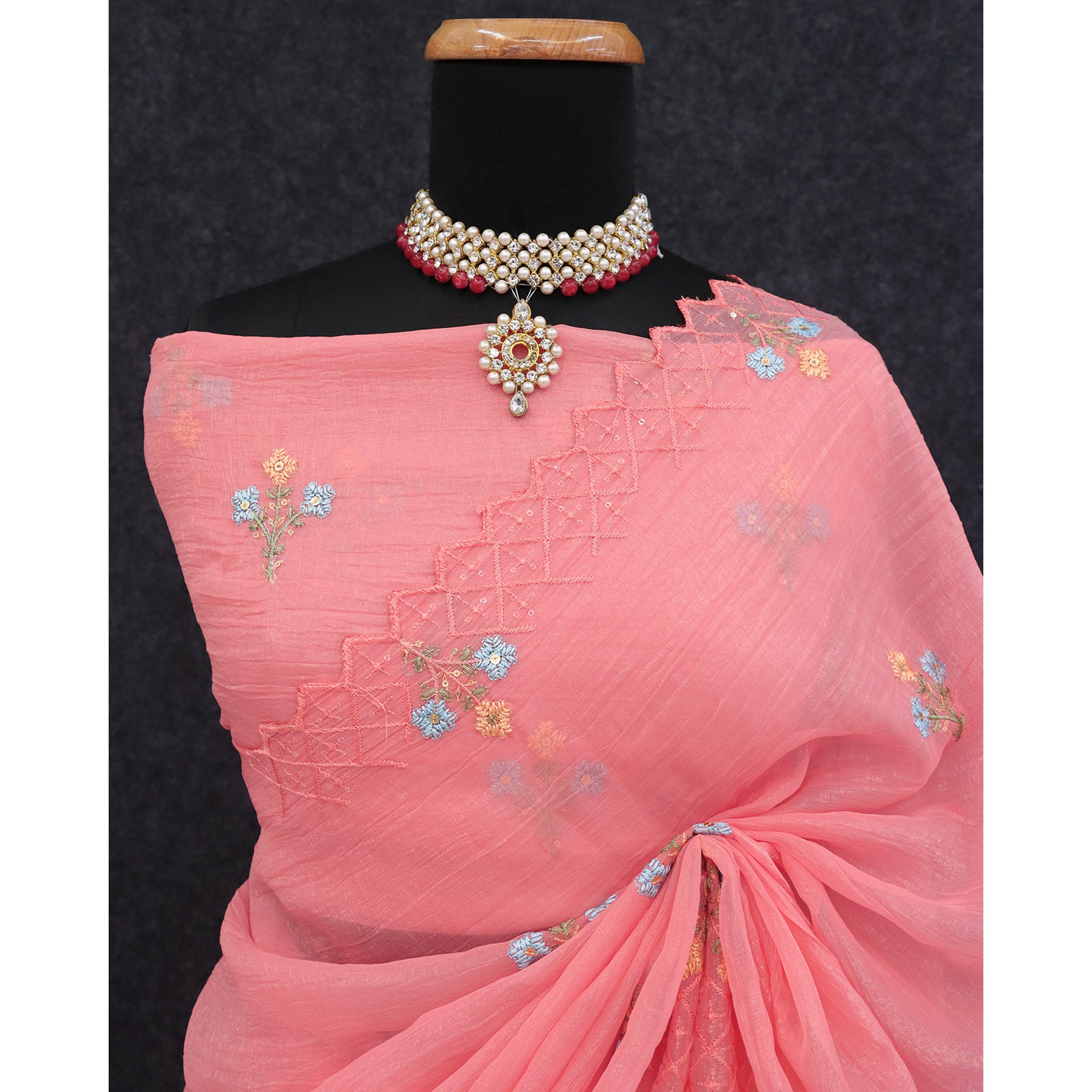 Peach Floral Sequins Embroidered Art Silk Crush Saree