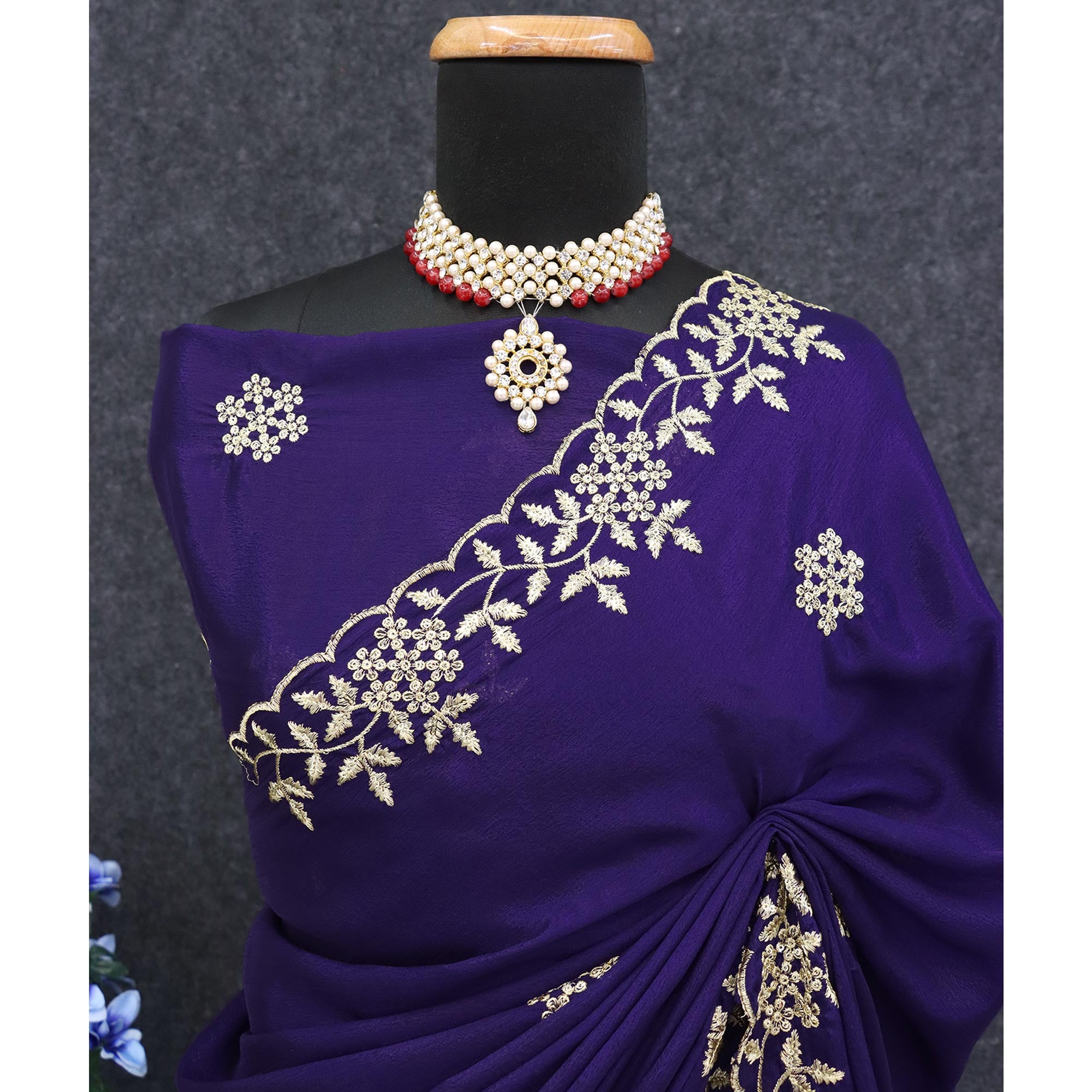 Purple Floral Sequins Embroidered Chinon Saree