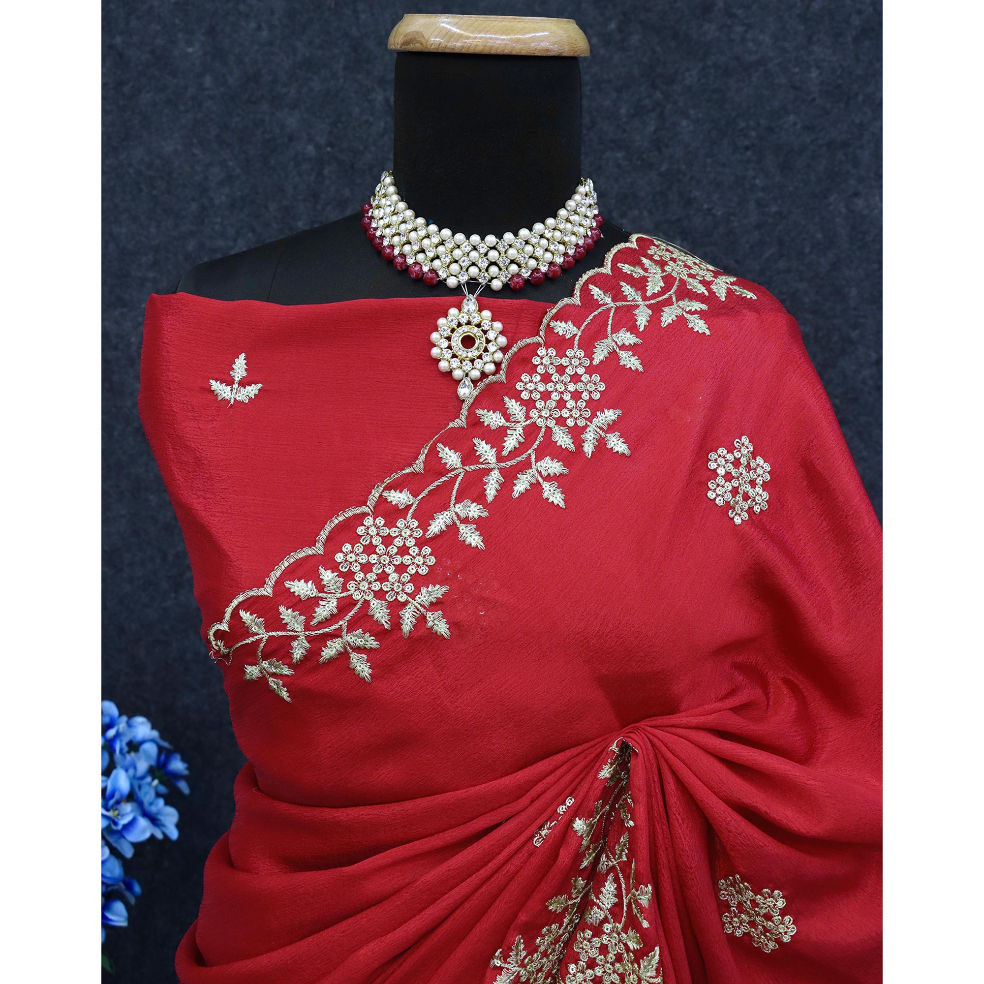Red Floral Sequins Embroidered Chinon Saree