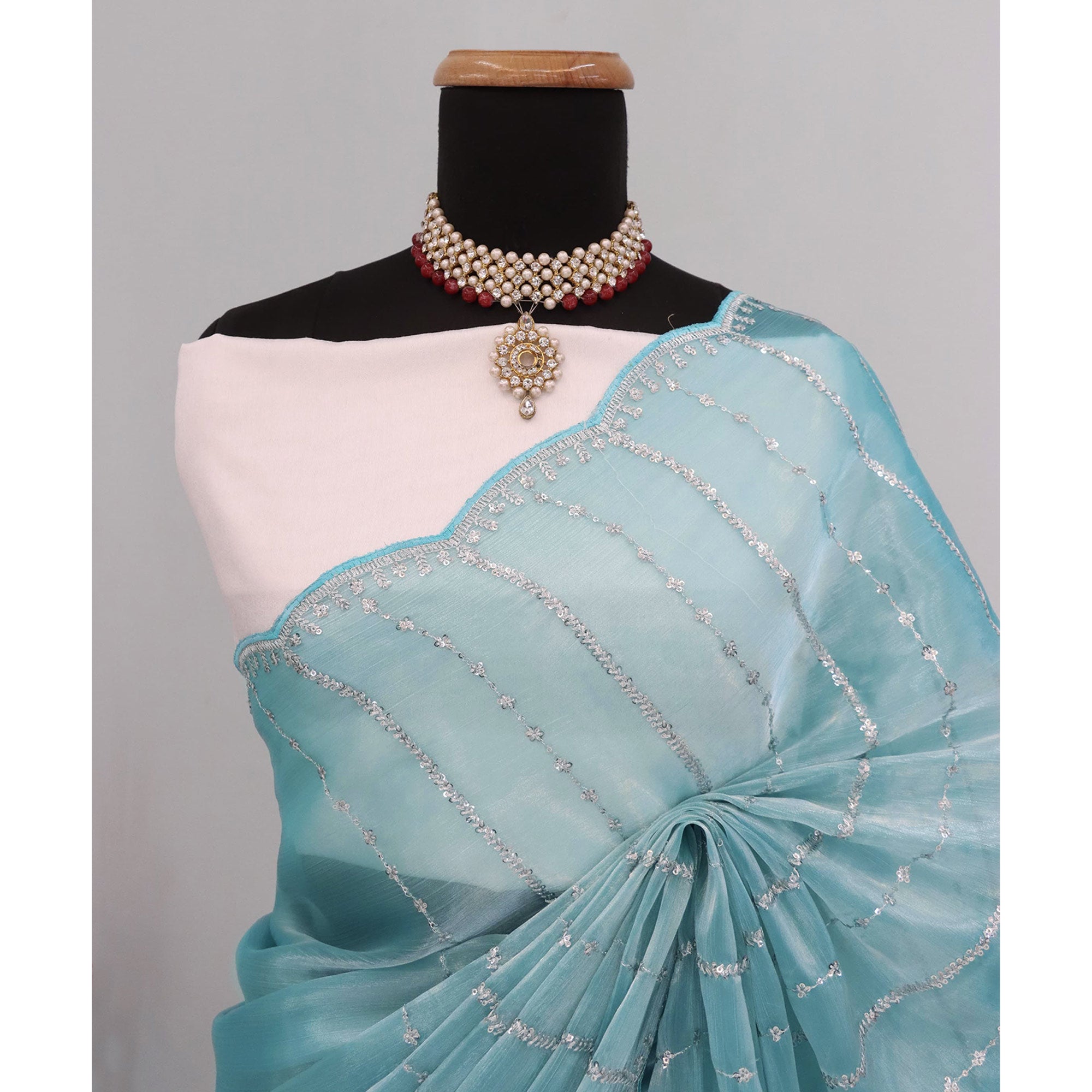 Sky Blue Sequins Work Embroidered Chiffon Saree