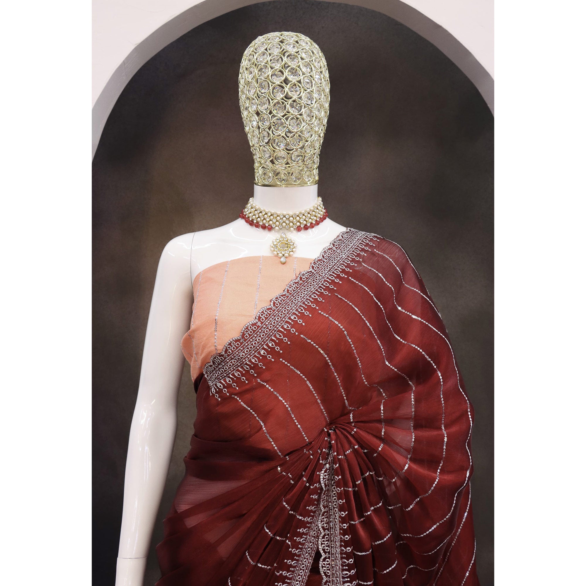 Maroon Sequins Embroidered Chiffon Saree