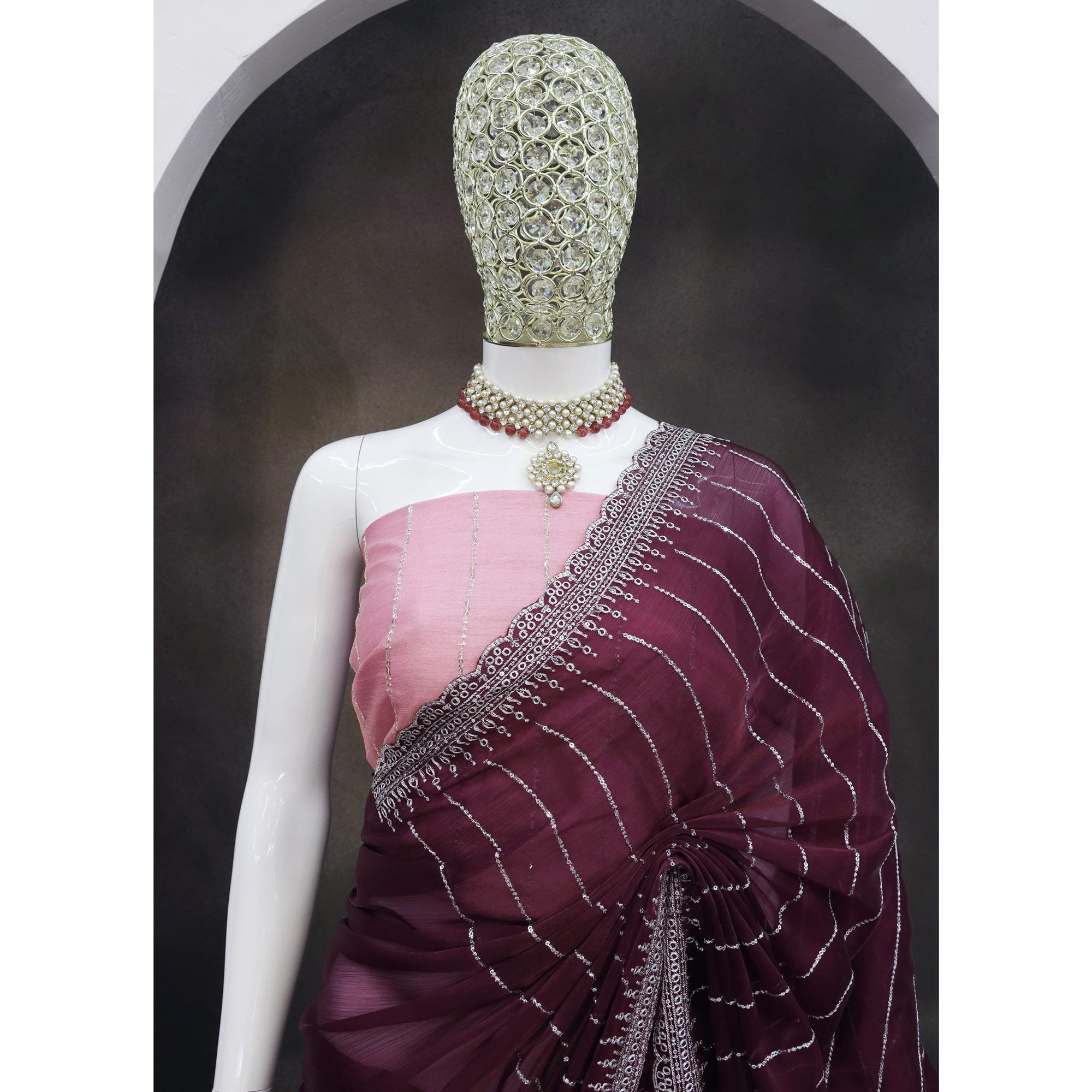Wine Sequins Embroidered Chiffon Saree