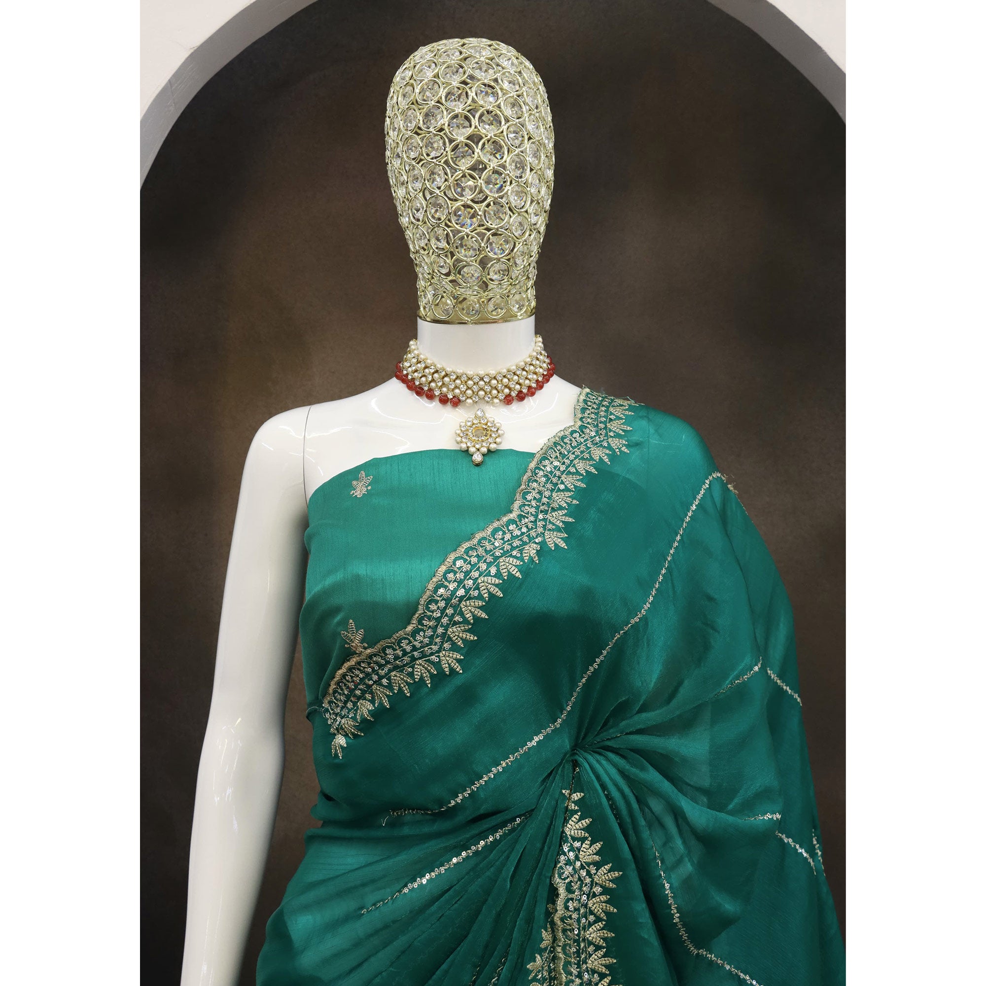 Rama Green Sequins Work Embroidered Chiffon Saree