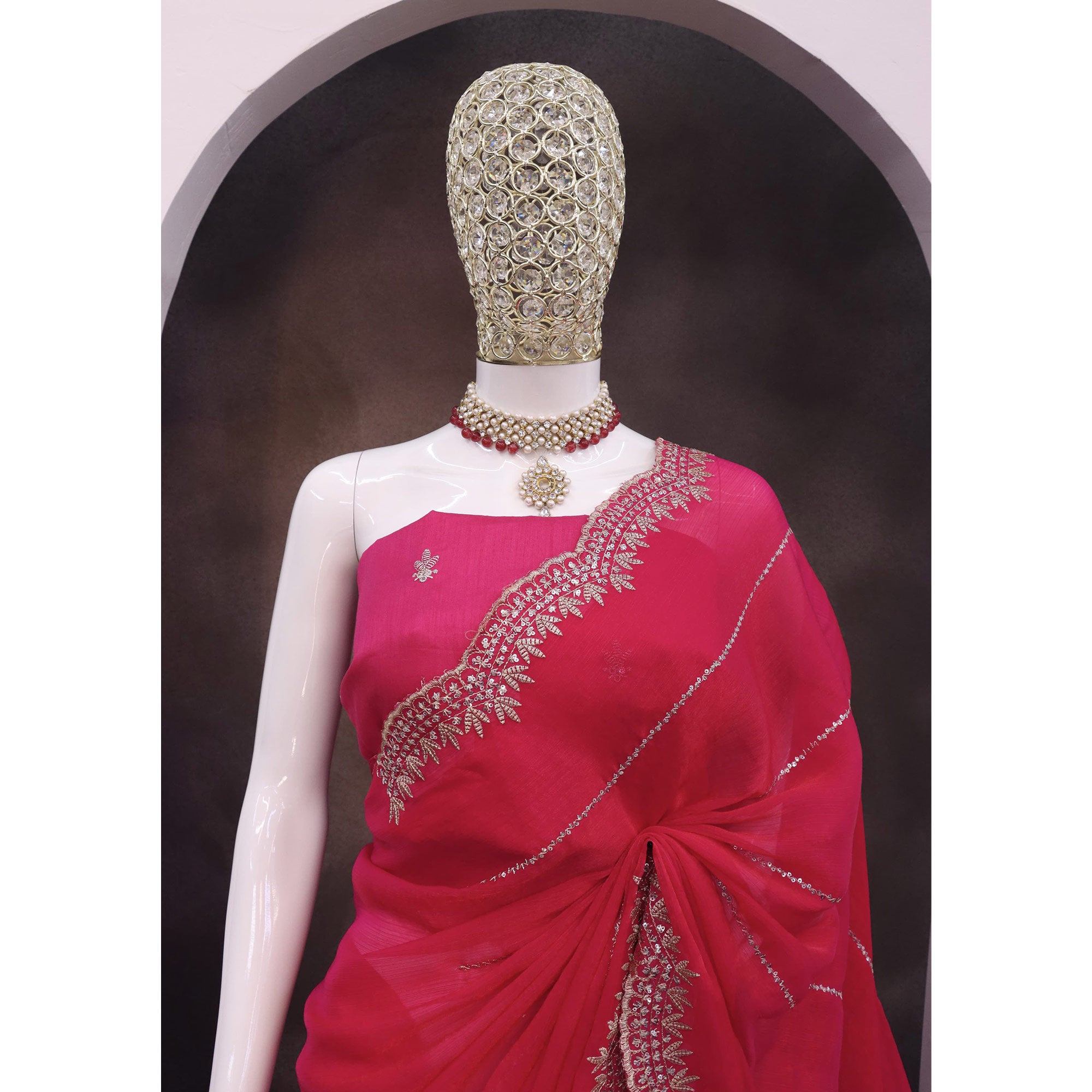 Rani Pink Sequins Work Embroidered Chiffon Saree